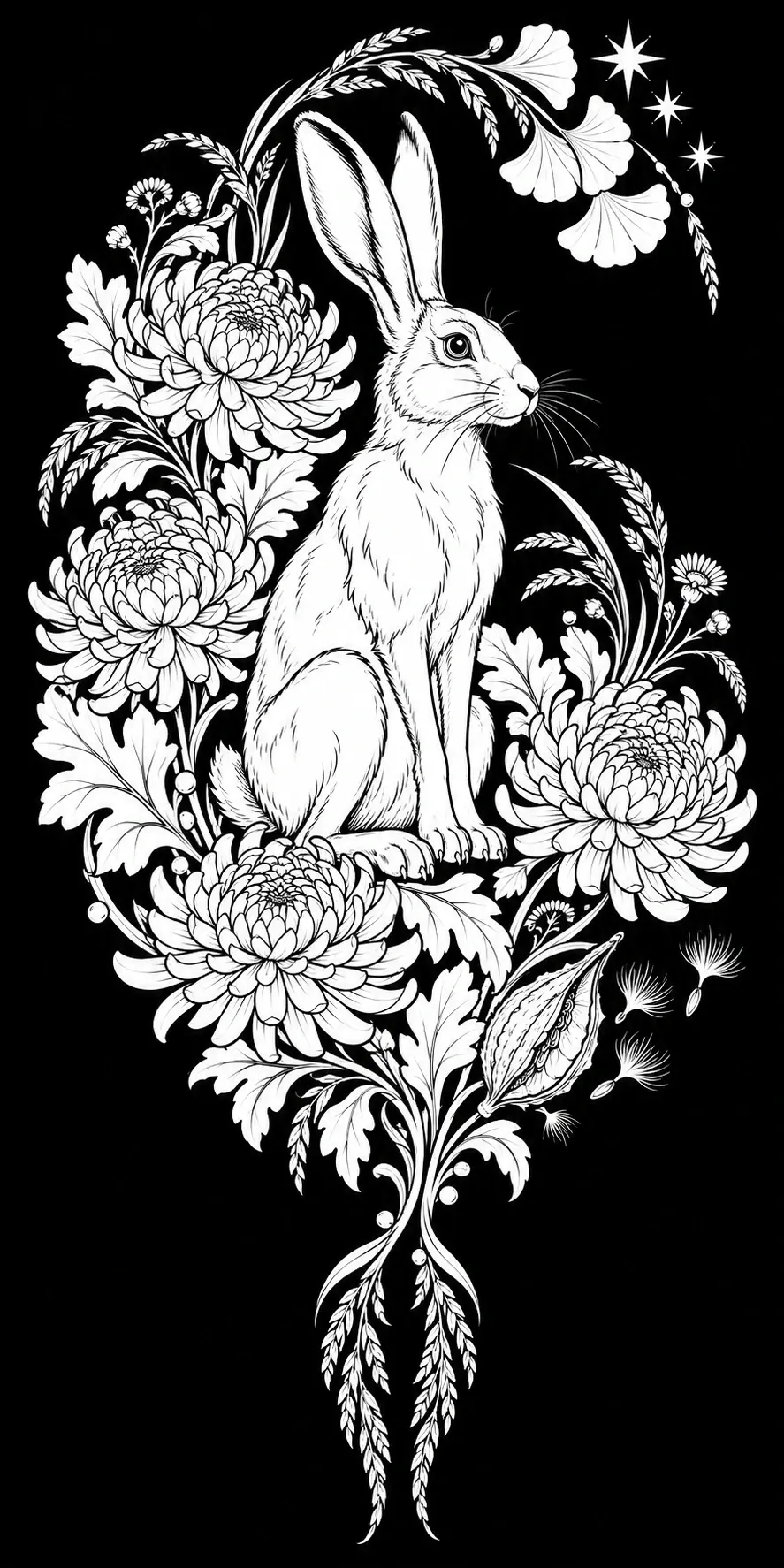 A detailed black-and-white coloring page shows one long-eared rabbit seated among large flowers, leafy vines, and small stars.