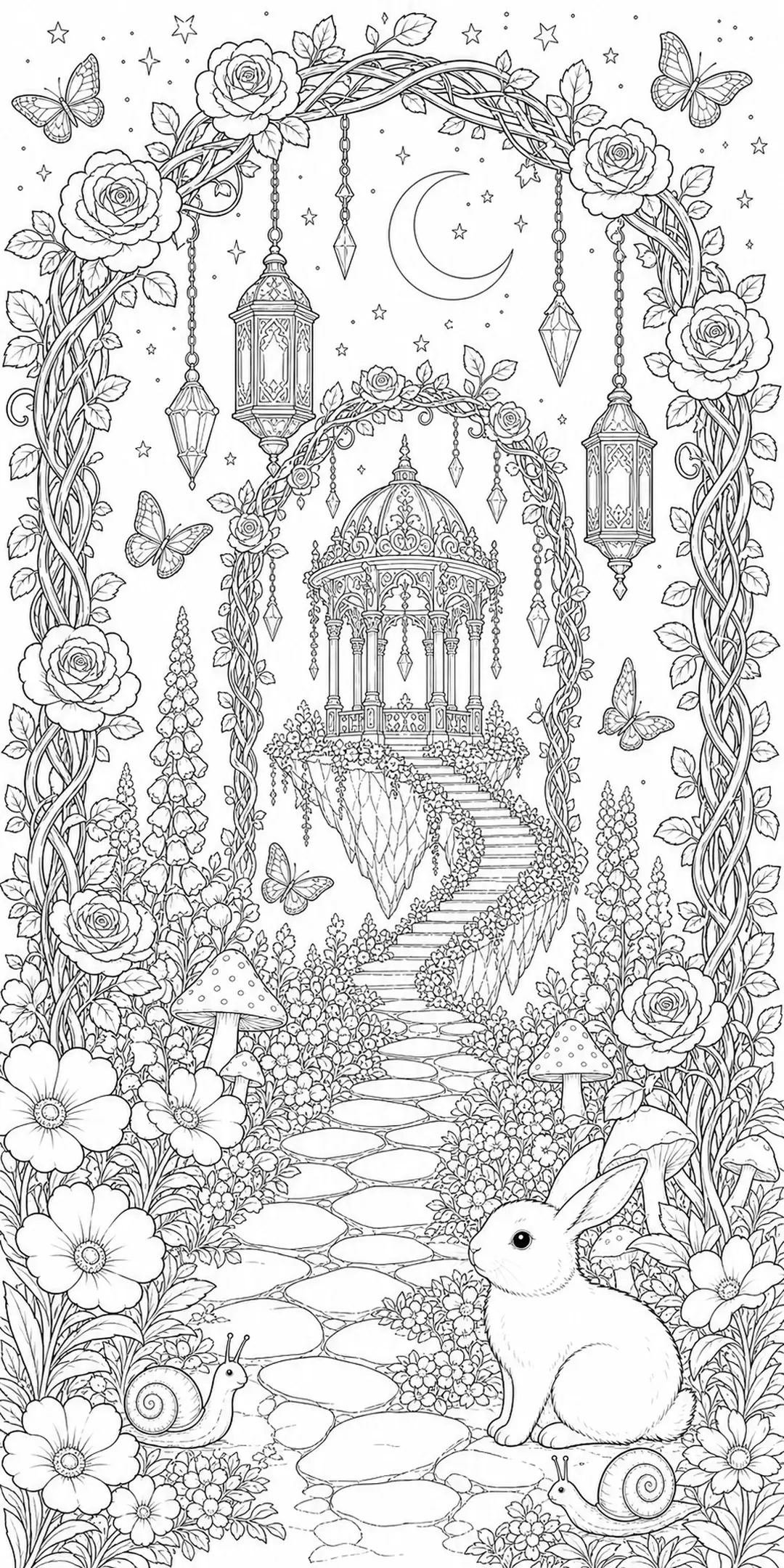 A black-and-white coloring page shows a rabbit in a flower-filled fantasy garden with a gazebo, lanterns, butterflies, and snails.