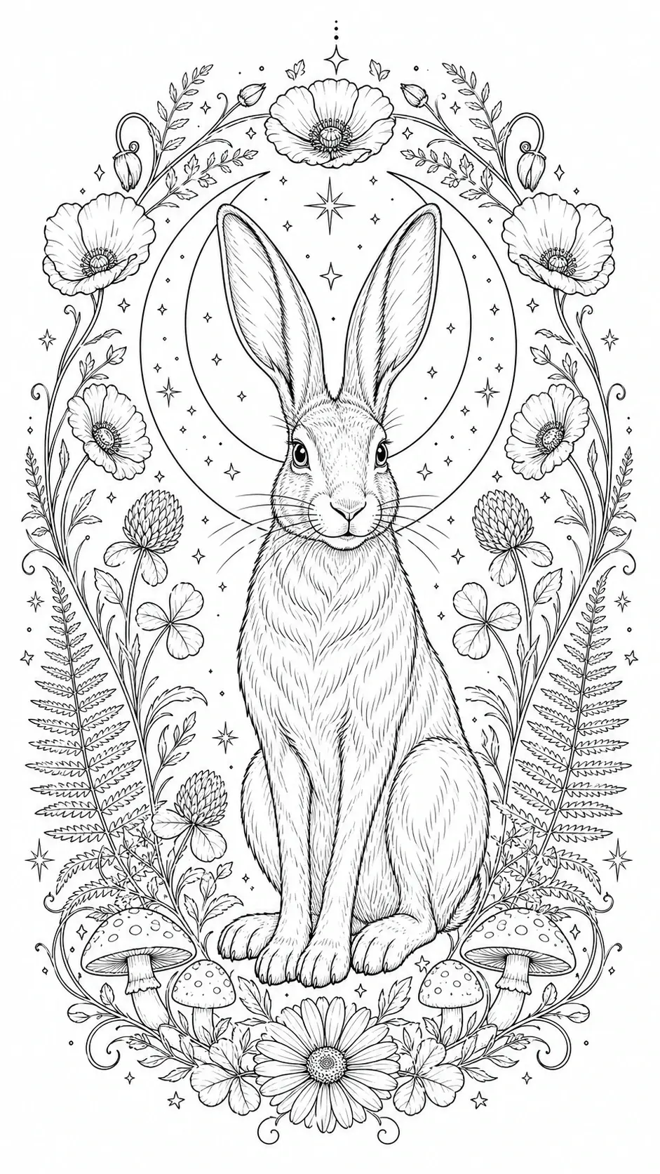 A rabbit sits inside a crescent moon and floral frame coloring page.