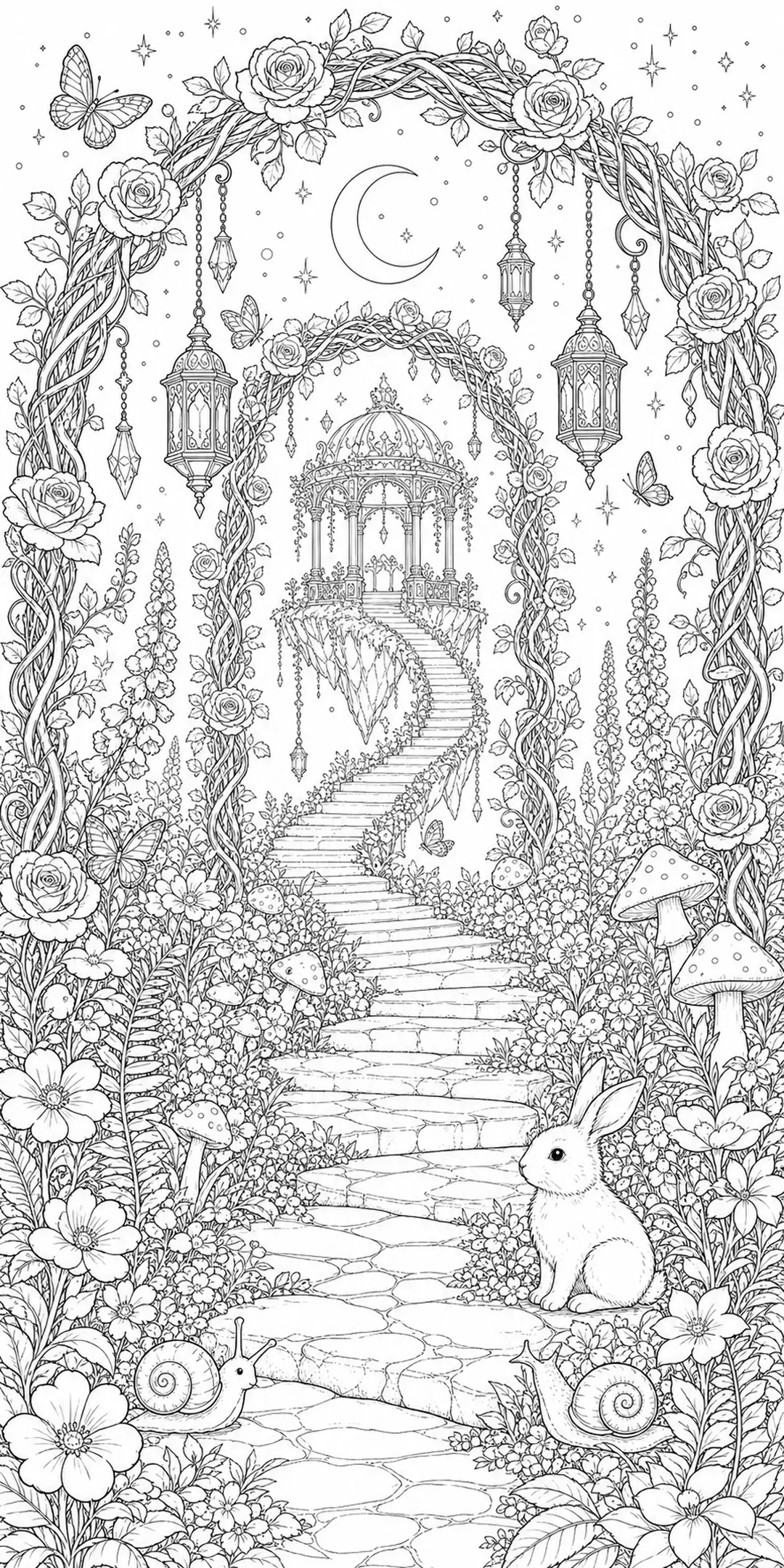 A detailed coloring page shows a rabbit in a flower-filled enchanted garden with lanterns, a moon, mushrooms, and a winding stairway.