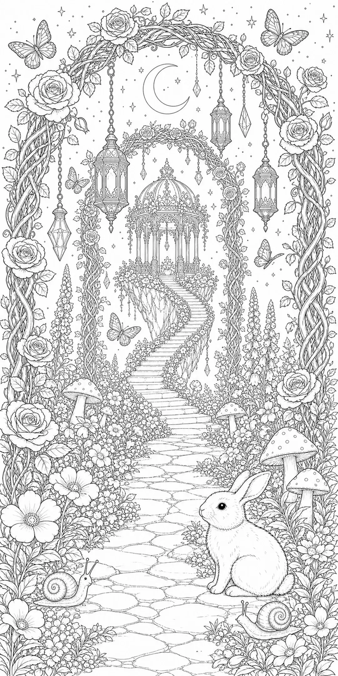 A rabbit sits beside a winding stone path in a detailed floral garden coloring page with lanterns, butterflies, and a gazebo.