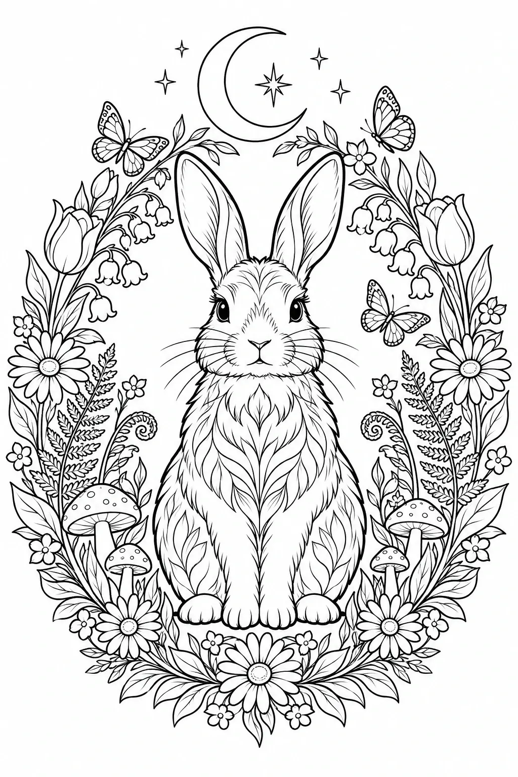 This rabbit coloring page shows a seated bunny surrounded by flowers, butterflies, leafy branches, spotted mushrooms, stars, and a crescent moon.