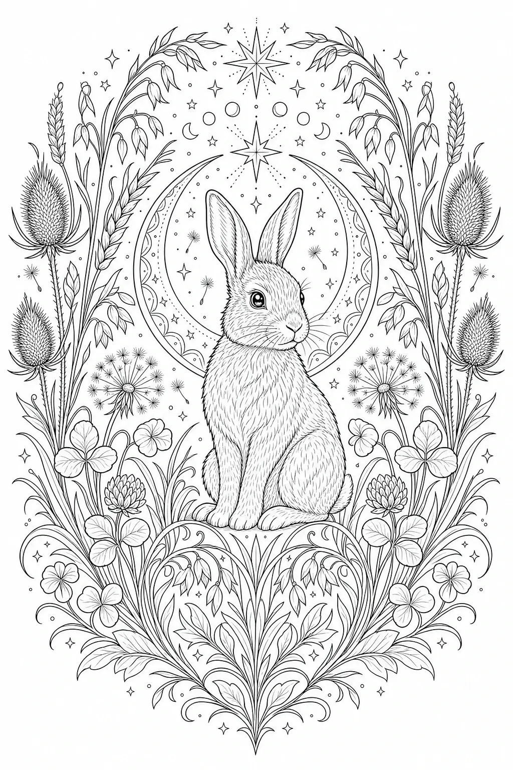 Black and white coloring page of detailed rabbit sitting inside a decorative floral mandala with moon, stars, and meadow plants