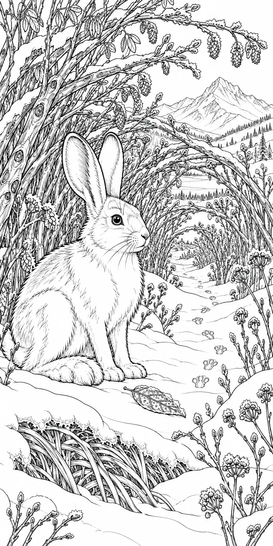 A detailed rabbit sits on a snowy woodland trail beneath arching branches, with plants and distant mountains in the background of this coloring page.