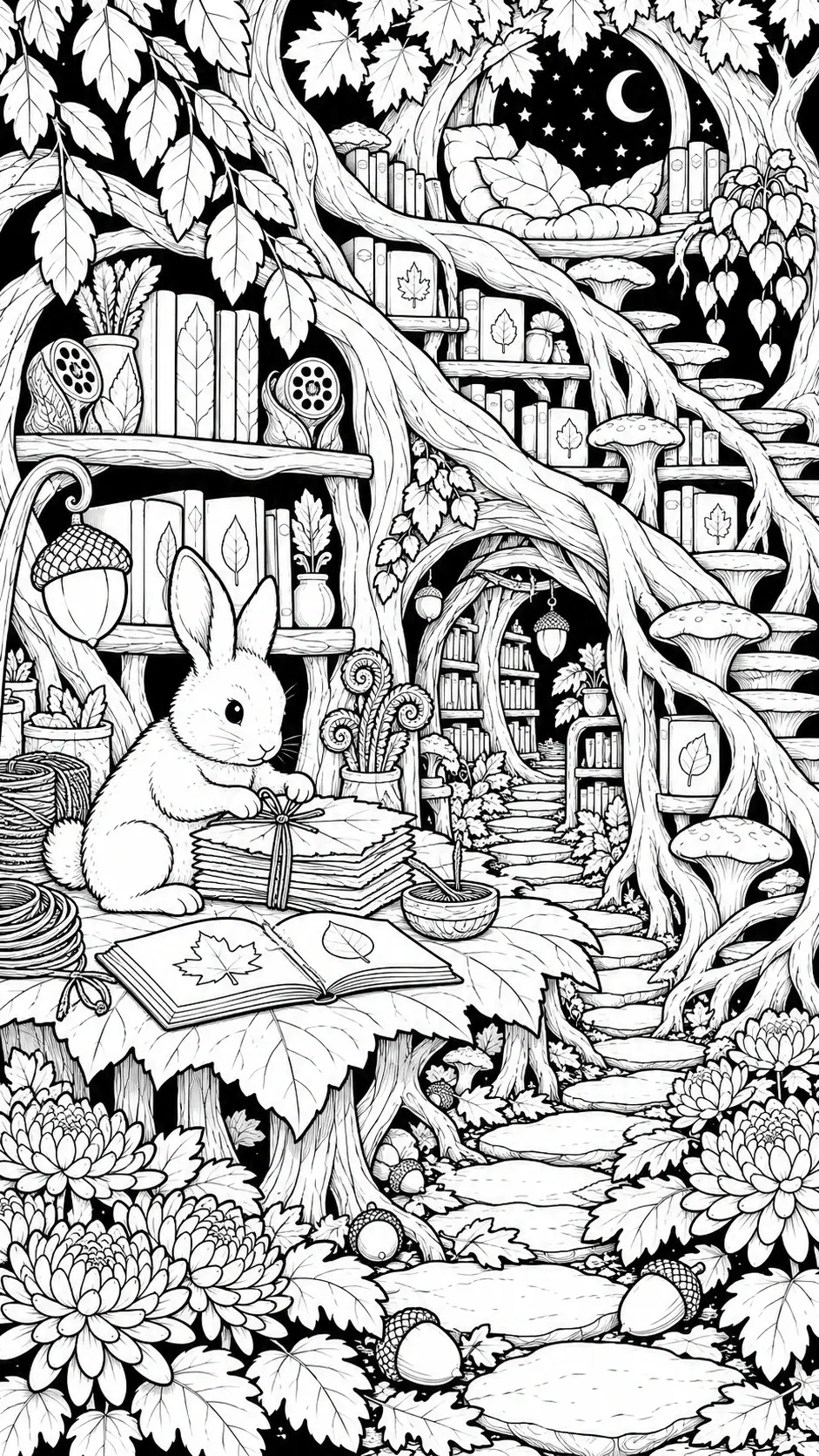 A rabbit sits beside a stack of leaf-shaped papers in a woodland tree library filled with books, mushrooms, flowers, and a crescent moon in this coloring page.