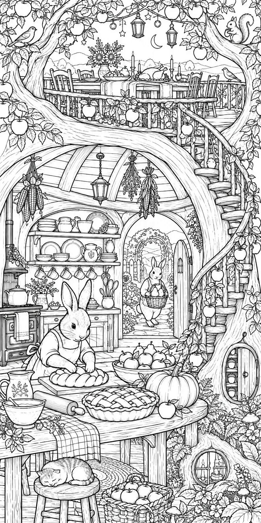 This detailed black-and-white coloring page shows rabbits baking in a tree cottage filled with apples, pumpkins, dishes, and flowers.