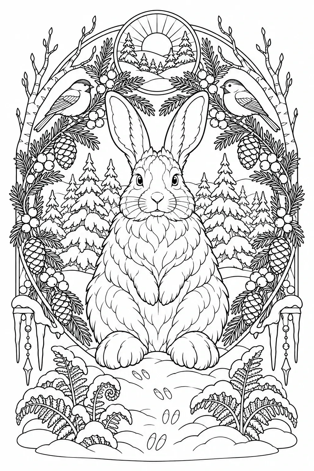 A snowshoe hare sits in a snowy forest with pine trees, birds, berries, and falling footprints in a black-and-white coloring page.