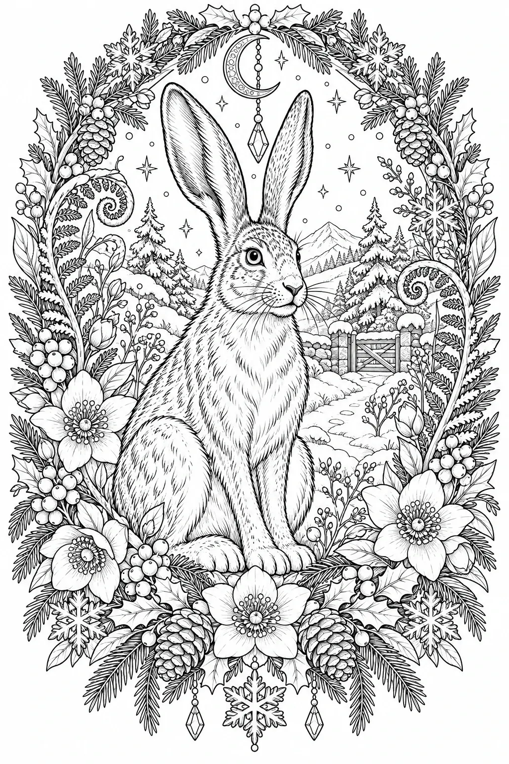 A rabbit sits inside a detailed winter wreath with flowers, pinecones, snowflakes, and a snowy landscape coloring page.