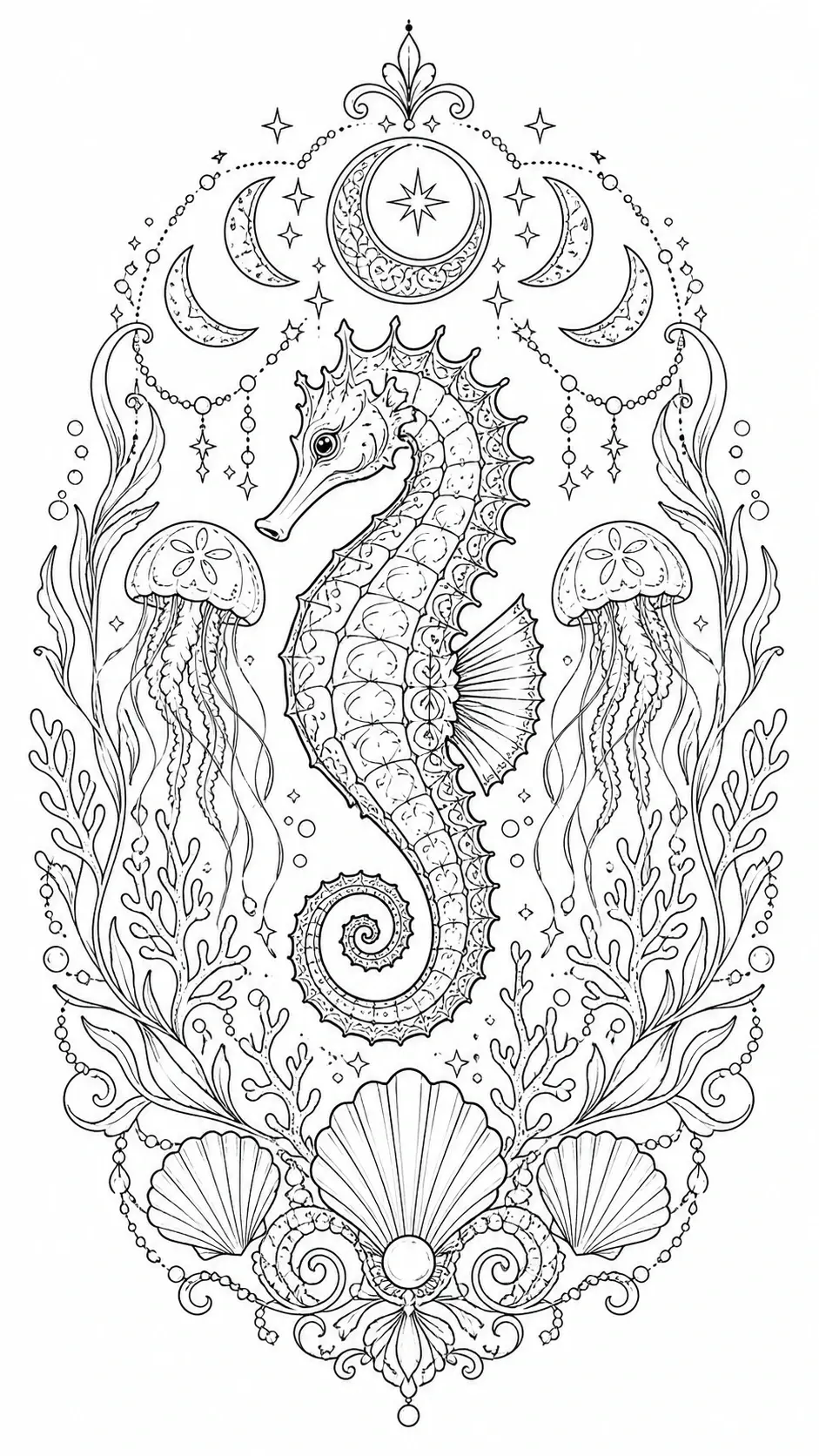 A detailed seahorse coloring page with moons, stars, jellyfish, shells, and coral in a decorative ocean mandala.