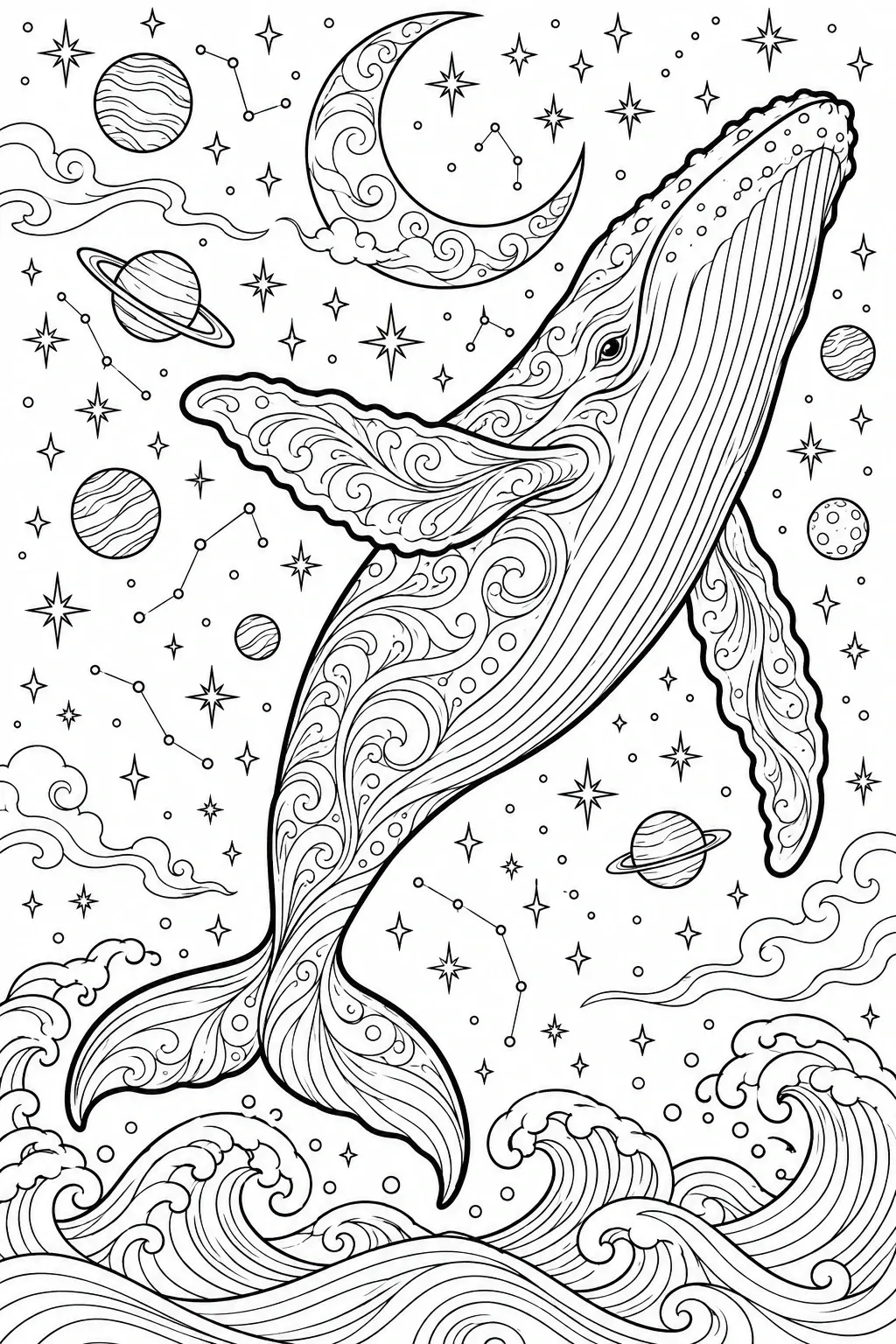 A black-and-white coloring page shows one patterned whale rising above curling waves, surrounded by stars, planets, and a crescent moon.