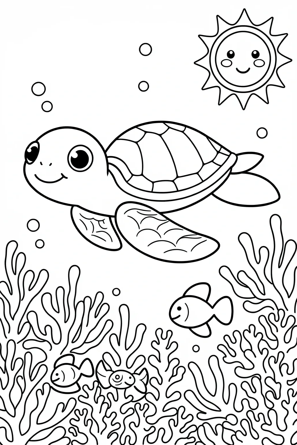 Black and white coloring page of cute cartoon sea turtle swimming underwater with coral, small fish, bubbles, and a smiling sun
