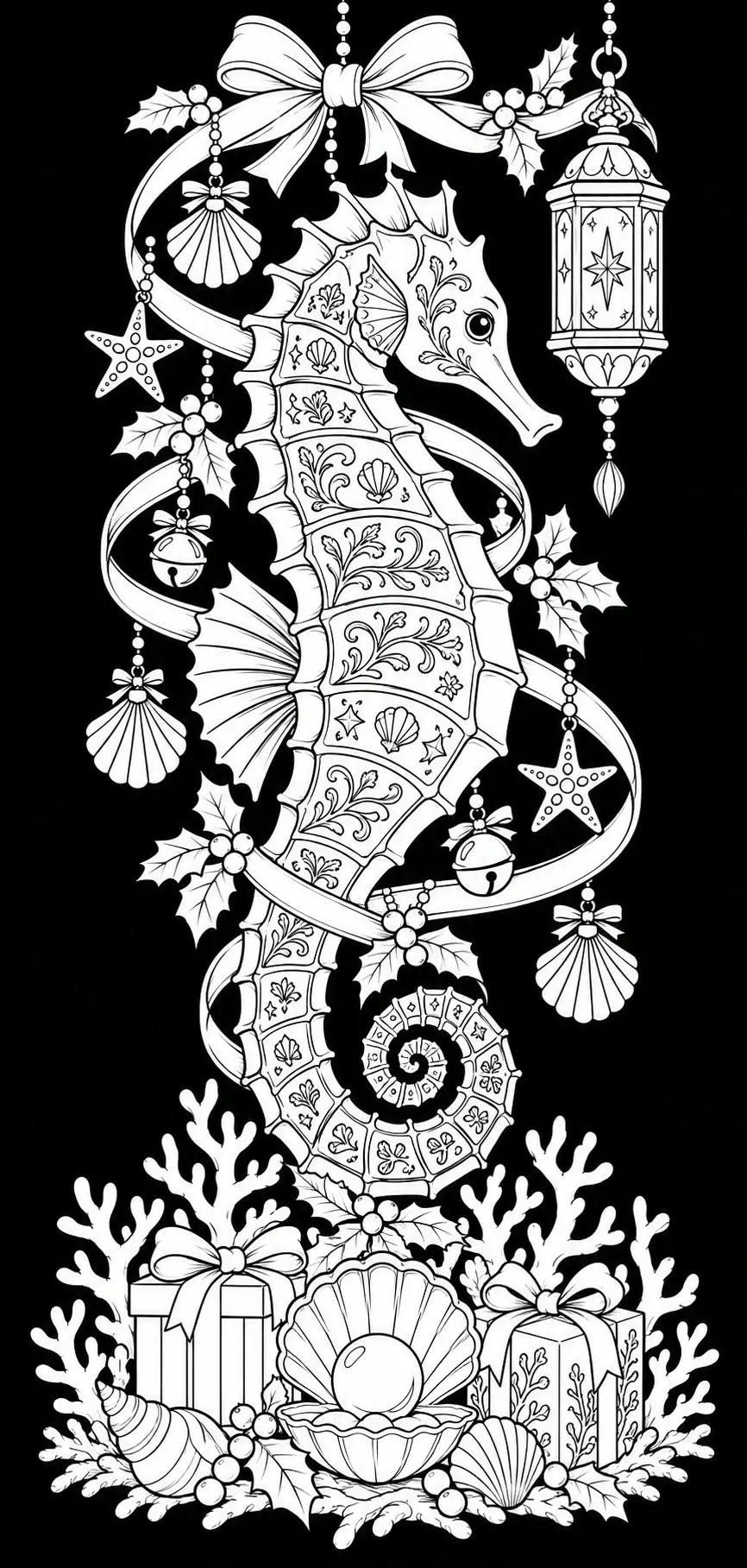 A detailed seahorse with patterned scales is surrounded by shells, coral, holly leaves, bows, bells, and hanging ornaments in this coloring page.