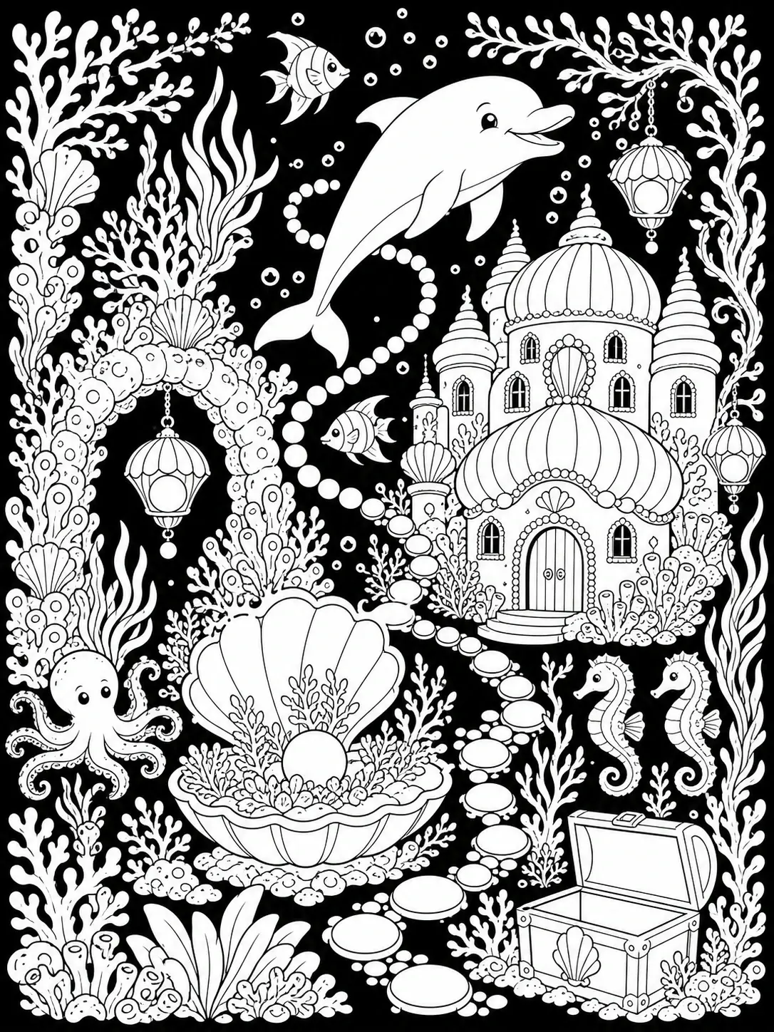 A smiling dolphin swims above an underwater palace with coral, shells, lanterns, and sea creatures coloring page.
