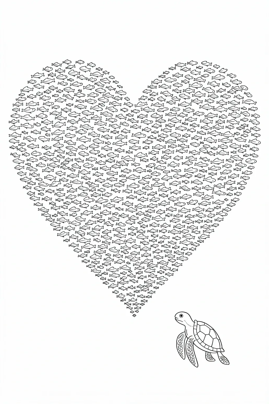 Black and white printable coloring page showing a large heart shape made of many small fish, with a cute sea turtle below it on a white background.