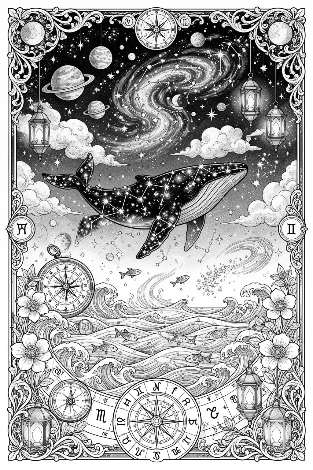 Star-Drift Leviathan | Celestial Whale coloring page.