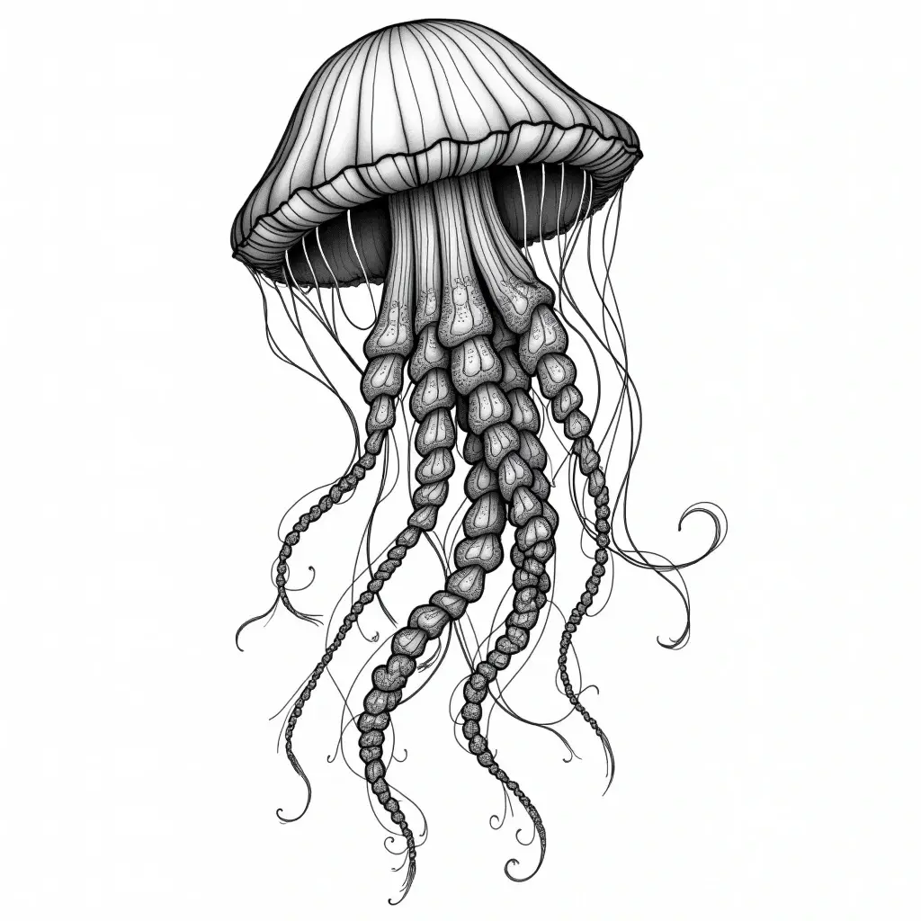 Black and white detailed jellyfish line art for printable coloring page, perfect detailed coloring page, kids' coloring page, and coloring sheets with intricate tentacles and mandala-like textures.