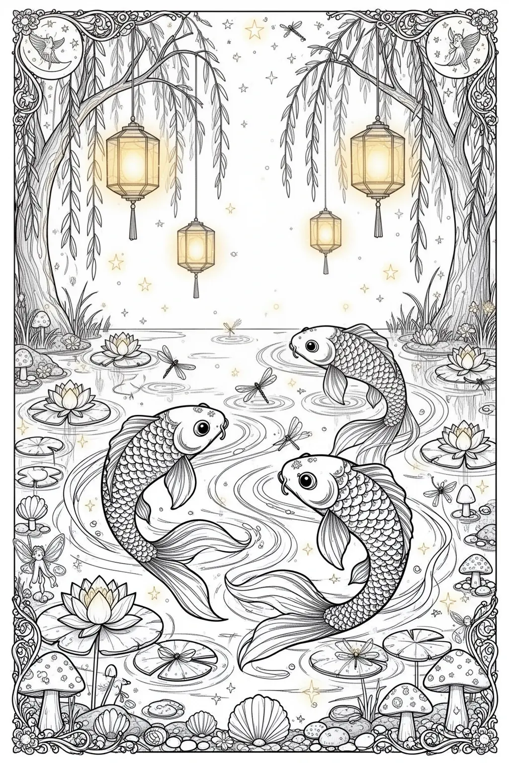 Moonlit Koi Dreams coloring page.