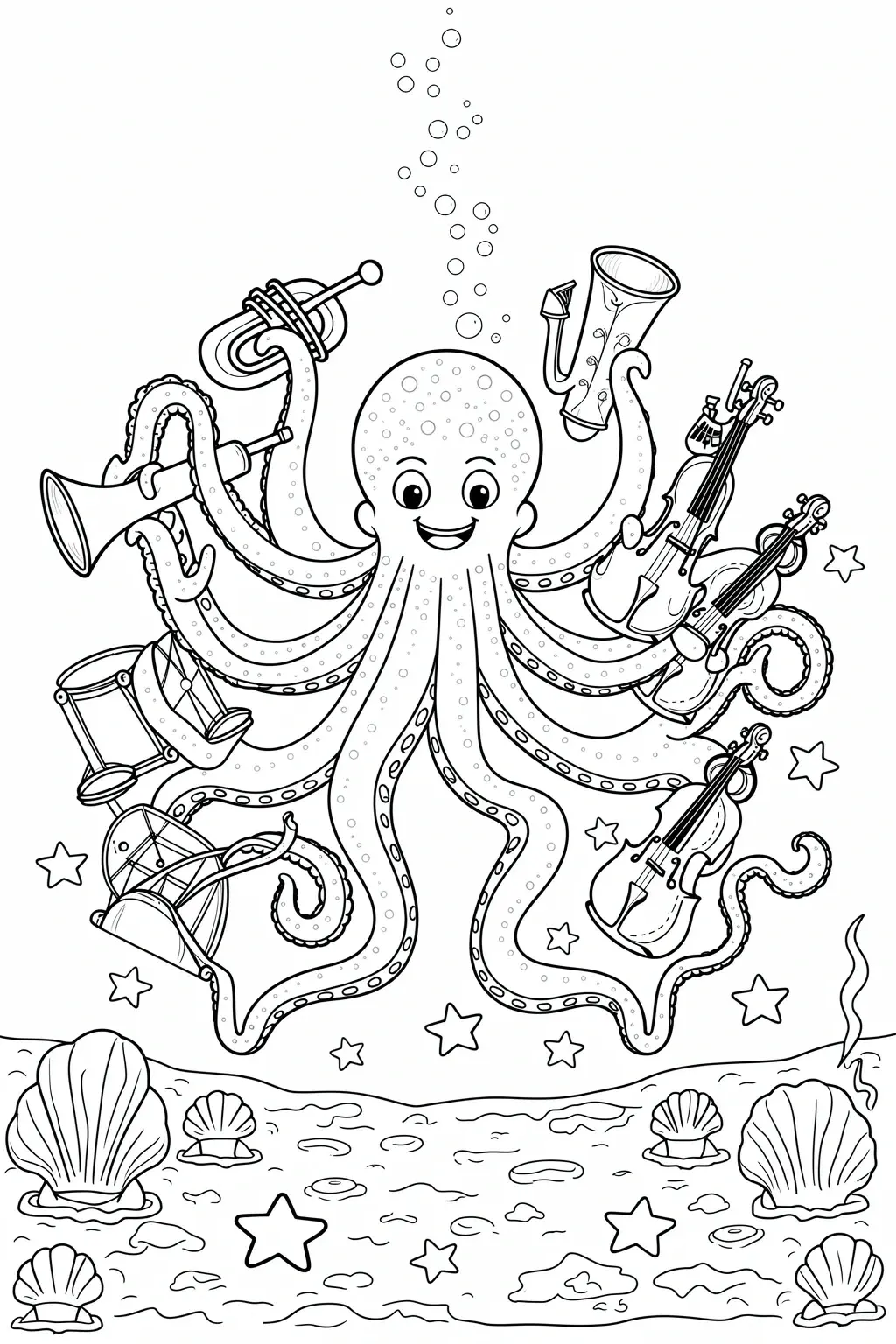Black and white coloring page of a smiling octopus playing multiple musical instruments underwater, surrounded by bubbles, stars, and seashells.