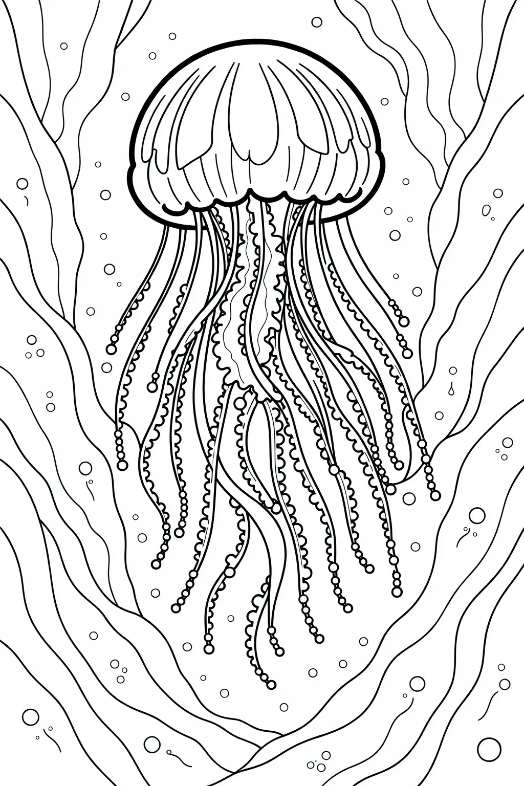 Black and white jellyfish coloring page with flowing tentacles detailed coloring page, kids' coloring page, printable coloring page and coloring sheets ready to print.