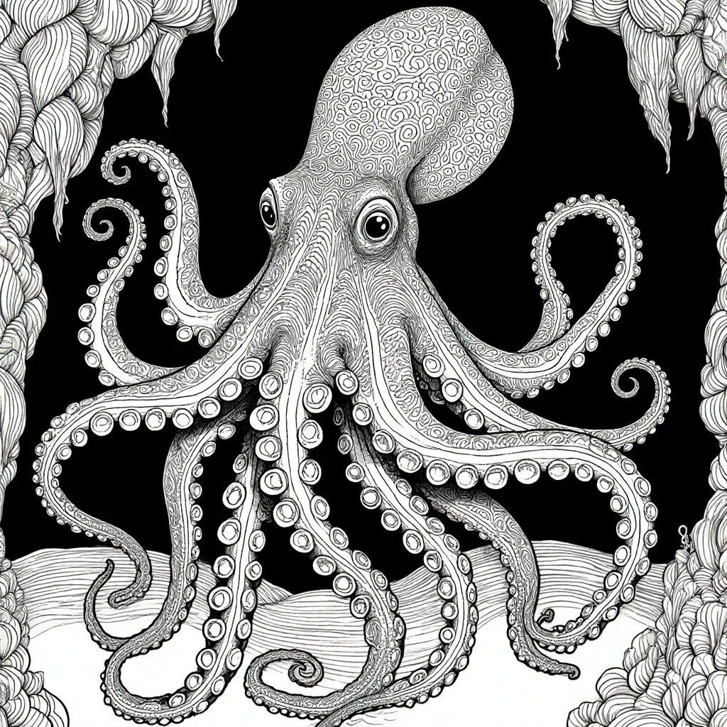 Black-and-white intricate octopus line art featuring swirling tentacles and patterned details perfect for detailed coloring page, kids' coloring page, printable coloring page and coloring sheets