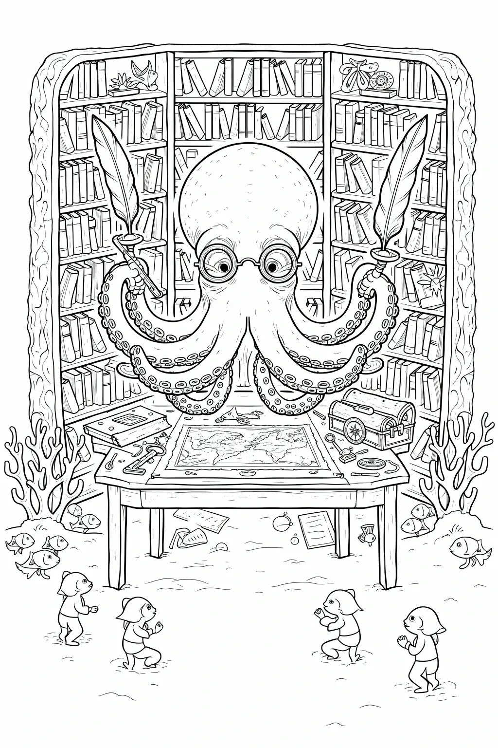 Line art of an octopus librarian in an underwater library surrounded by books, maps and tiny sea-people perfect detailed coloring page, kids' coloring page, printable coloring page and coloring