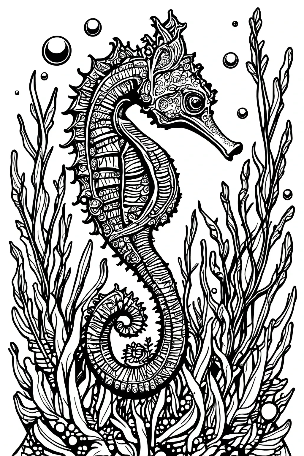 Black and white seahorse coloring page with intricate mandala-style patterns, seaweed and bubbles detailed coloring page, kids' coloring page, printable coloring page and coloring sheets for animal