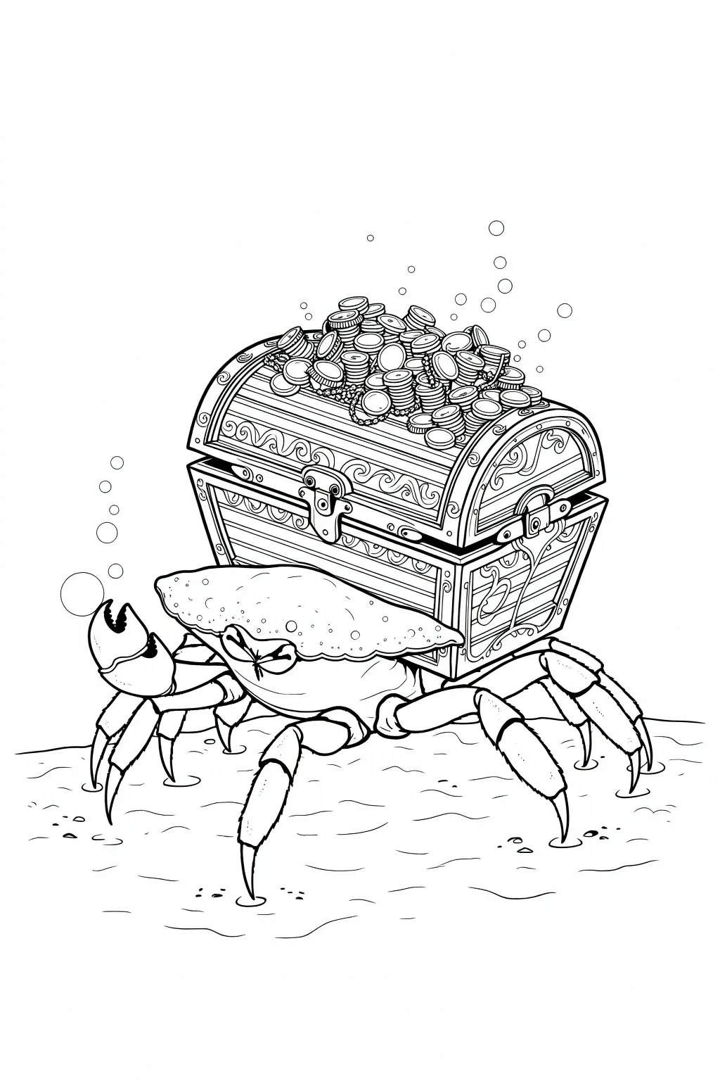 Black and white detailed coloring page of a crab carrying a treasure chest filled with coins, designed for kids and printable coloring page fun.