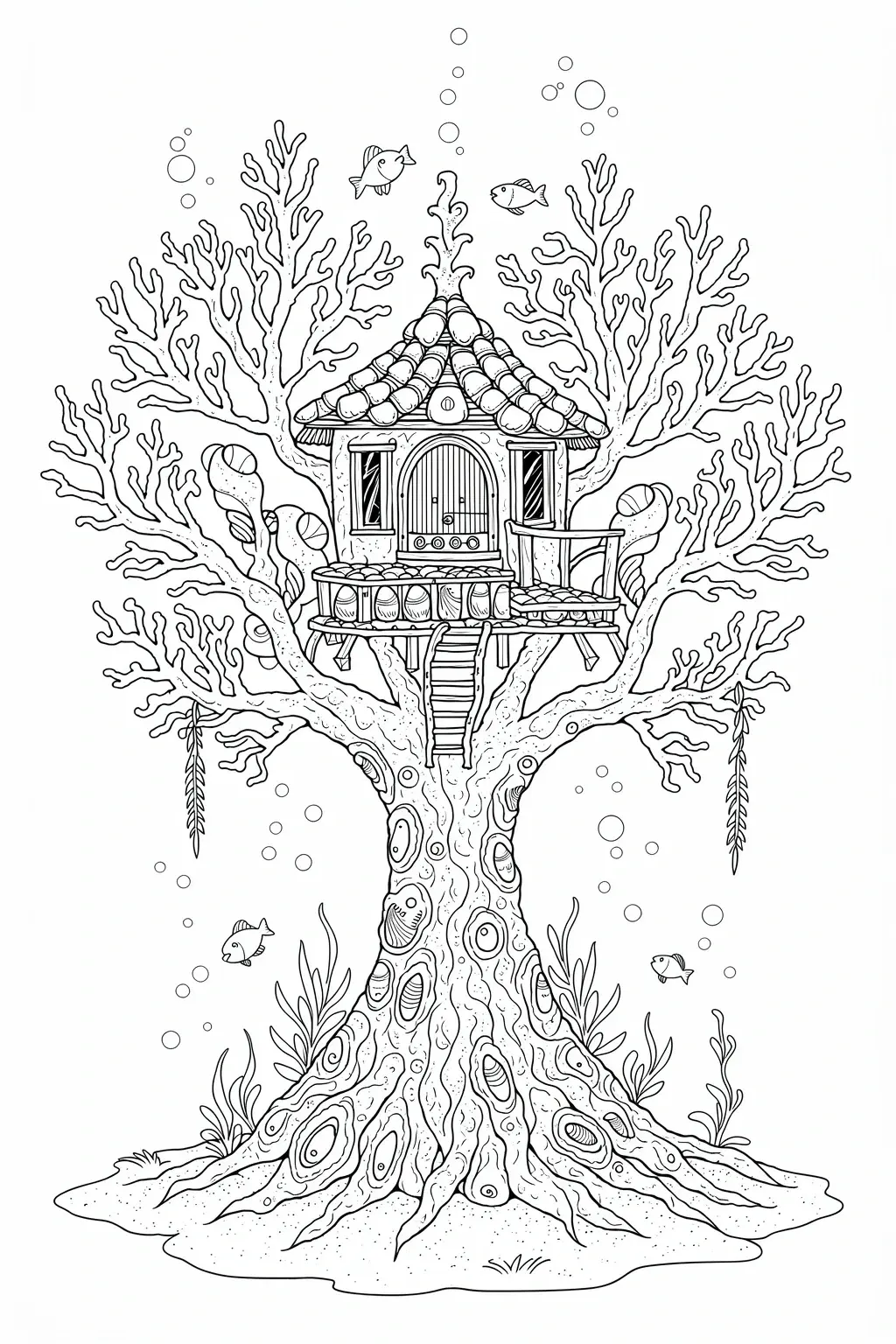 Black-and-white underwater treehouse coloring page with fish and coral branches detailed coloring page, kids' coloring page, printable coloring page, coloring sheets featuring animal and ocean
