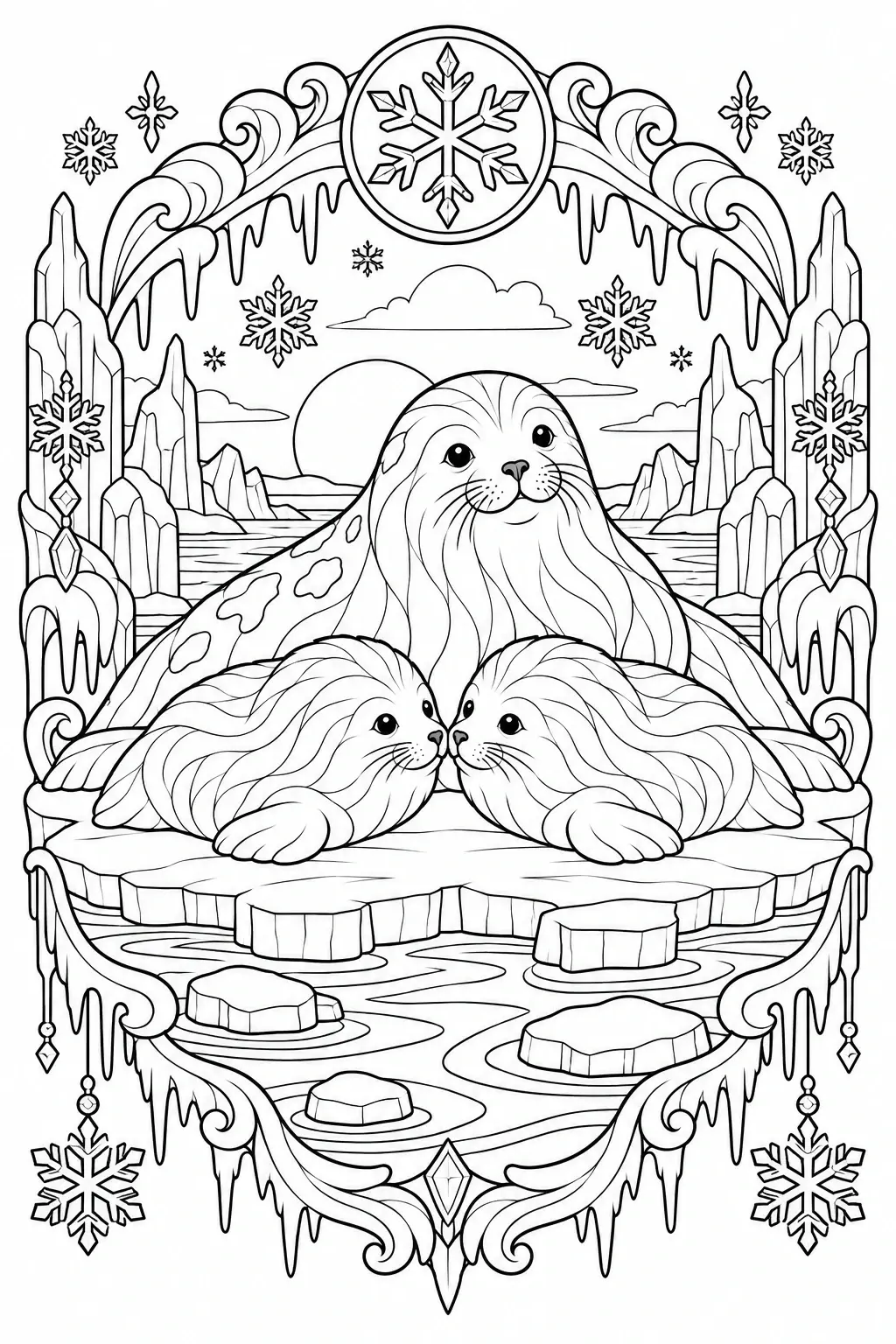 A black-and-white coloring page shows three harp seals resting on ice with snowflakes and icy decorative borders.