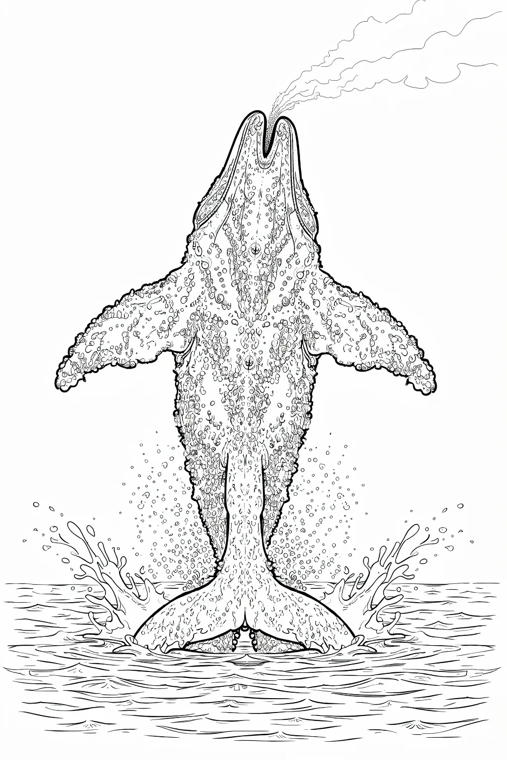 Detailed coloring page of a humpback whale breaching out of the ocean with splashing water.