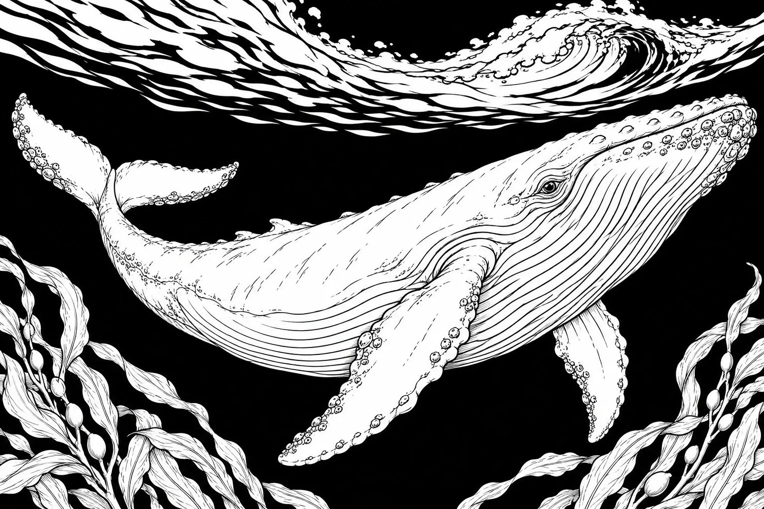 A detailed black-and-white coloring page shows a humpback whale beneath curling ocean waves, framed by seaweed.