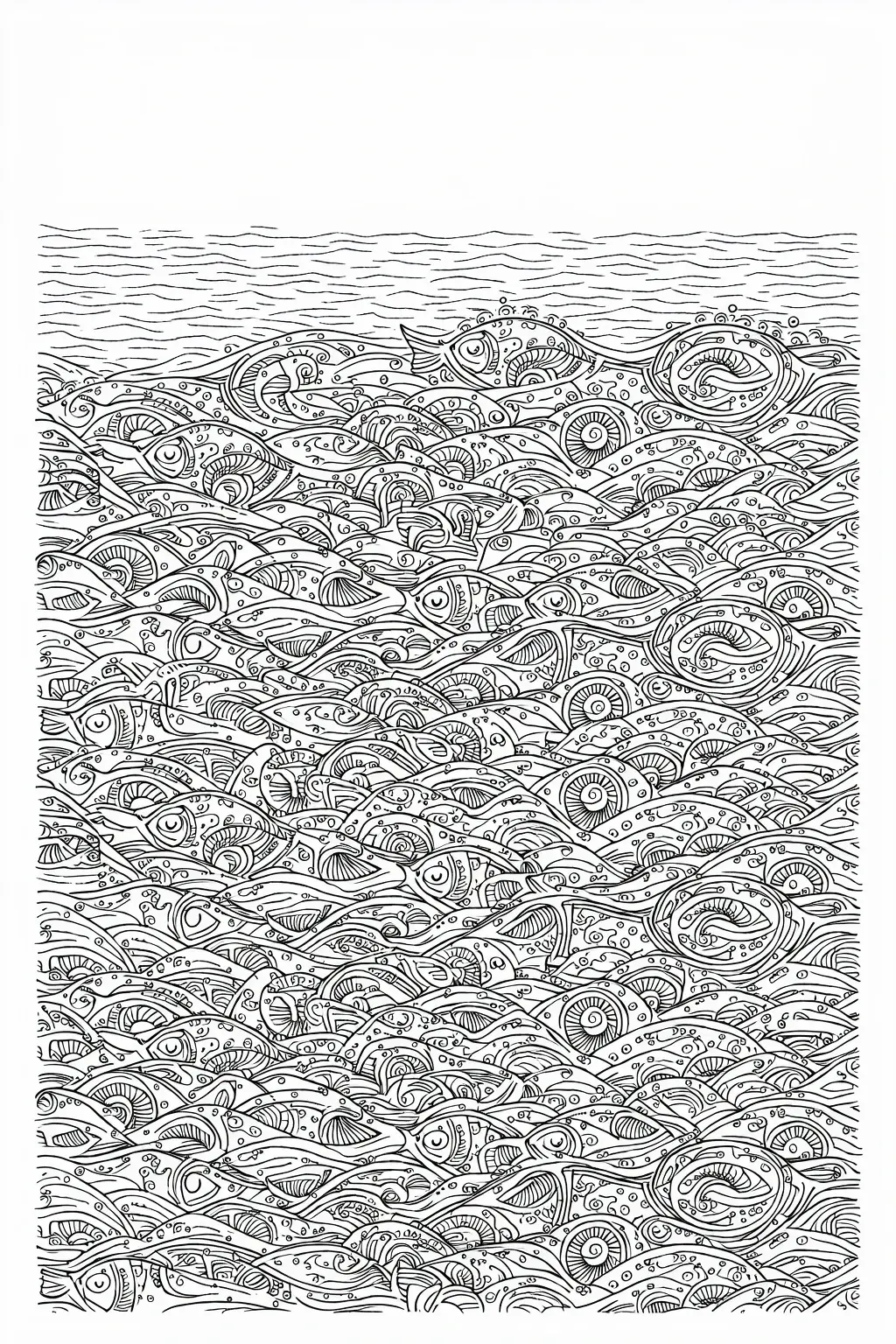 Intricate black-and-white coloring page showing a dense repeating pattern of fish, waves, and shell-like swirls in the ocean.
