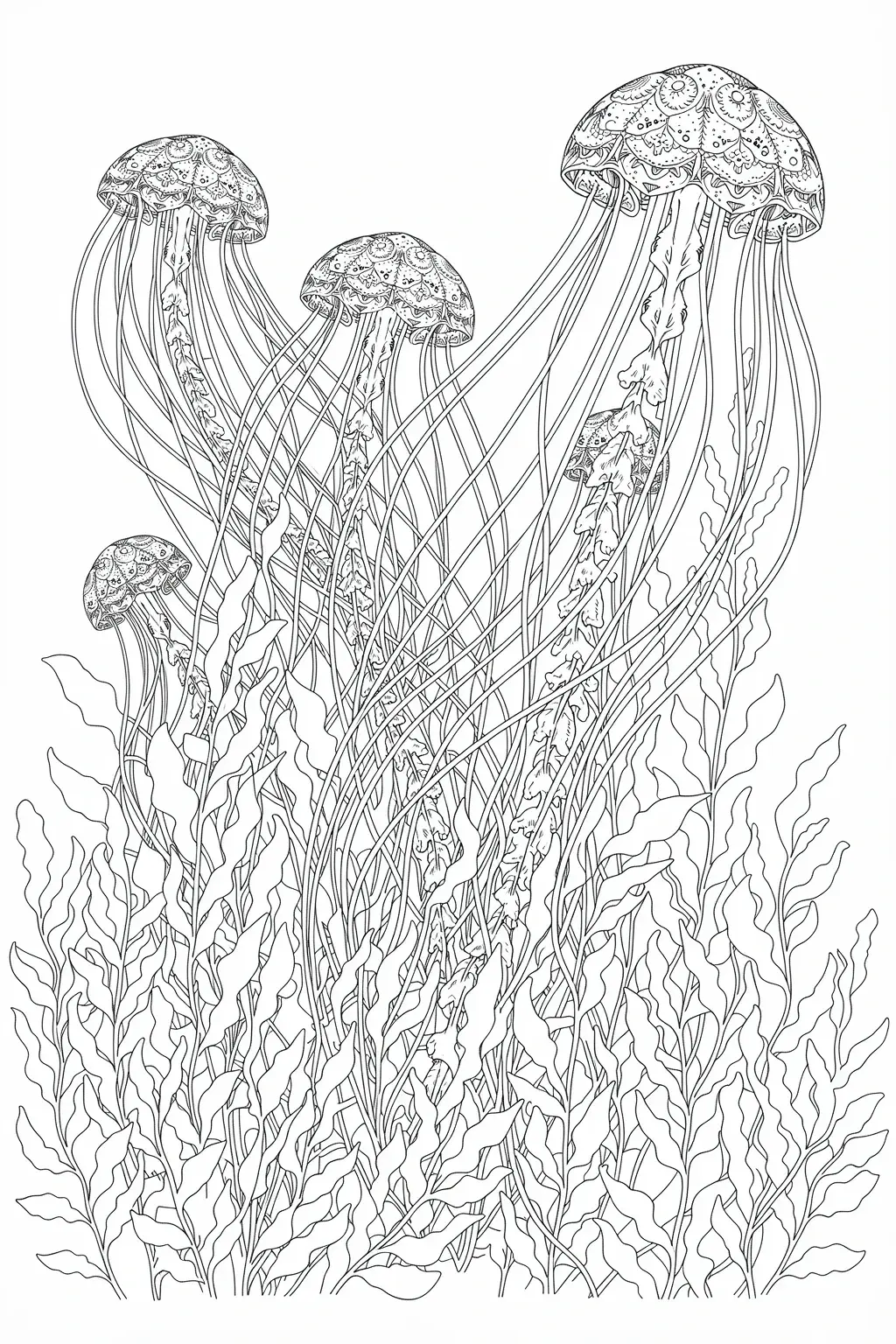 Black and white line art of three large jellyfish floating among tall sea plants, designed as detailed coloring page for kids and printable coloring sheets with an animal theme.