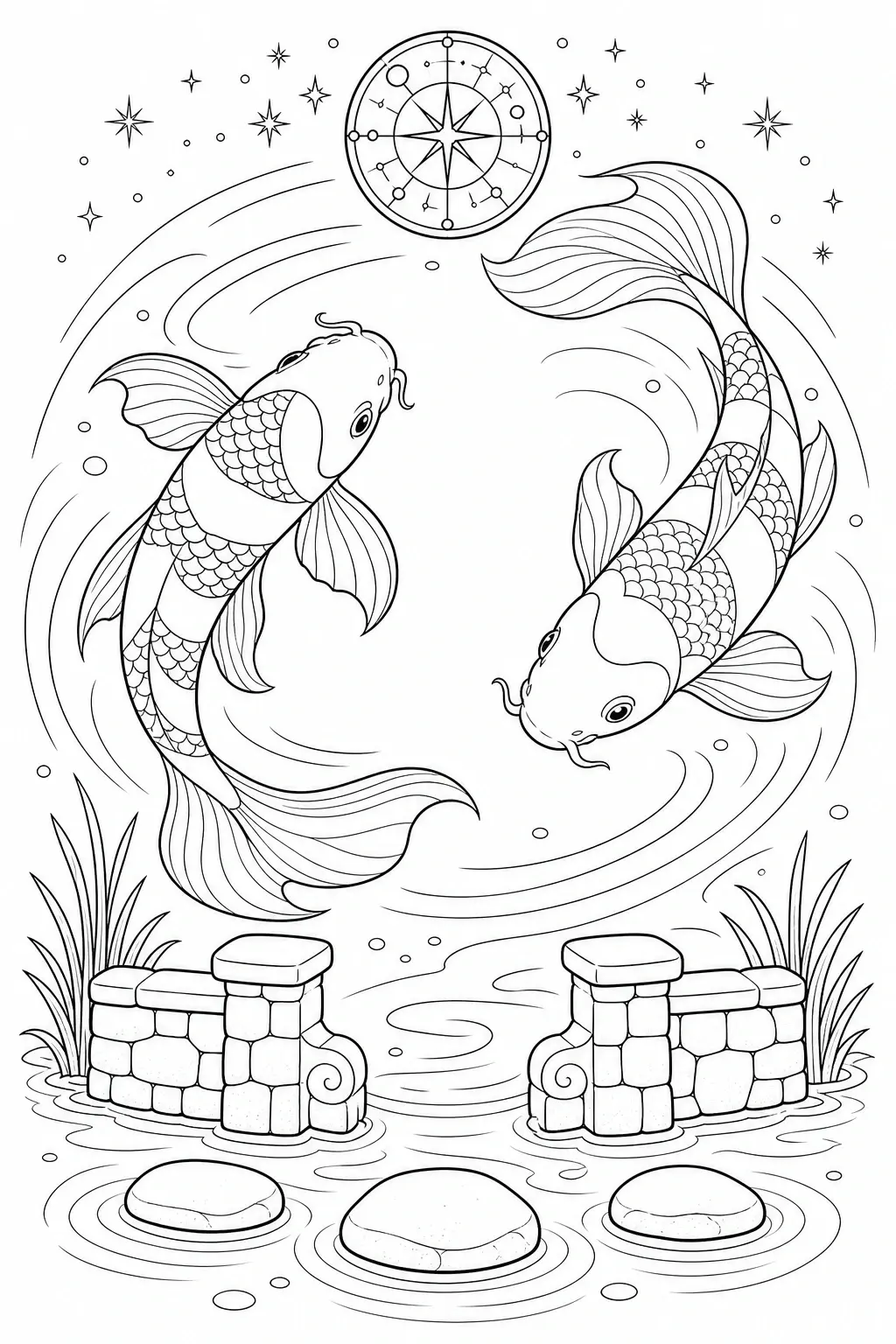 A black-and-white coloring page shows two koi fish swimming in a pond with stars, water swirls, and stone bridges.