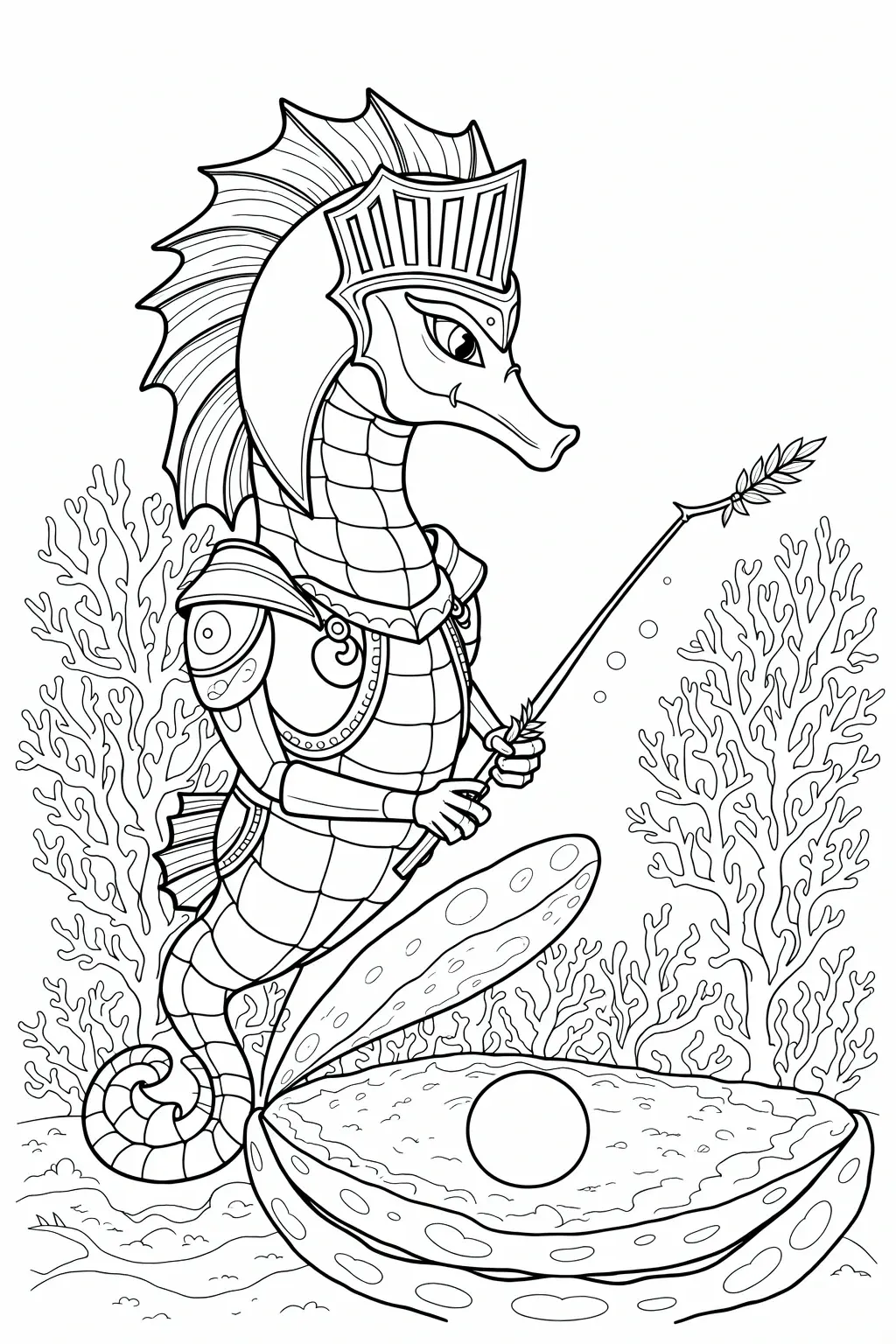 Black and white detailed coloring page of a magical seahorse knight holding a spear underwater near coral and seashells, a fun animal design for kids and printable coloring page.