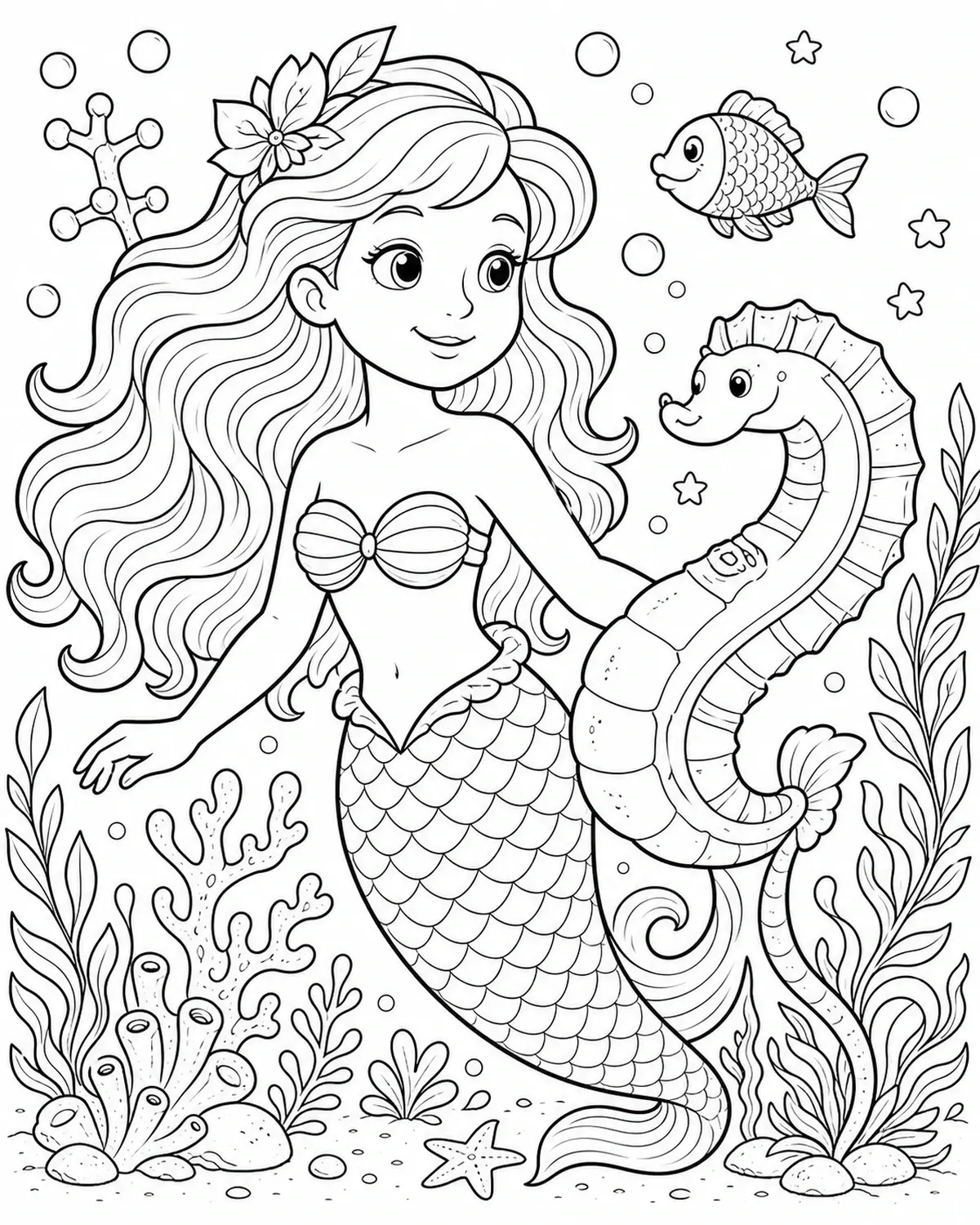 A mermaid coloring page shows a smiling mermaid with a seahorse, fish, coral, seaweed, and bubbles in a cute underwater scene.