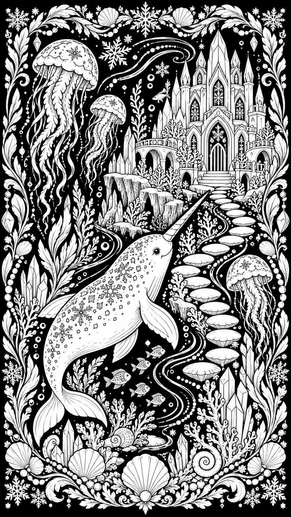 A black-and-white coloring page shows a narwhal swimming through an ornate underwater scene with a castle, jellyfish, crystals, and shells.