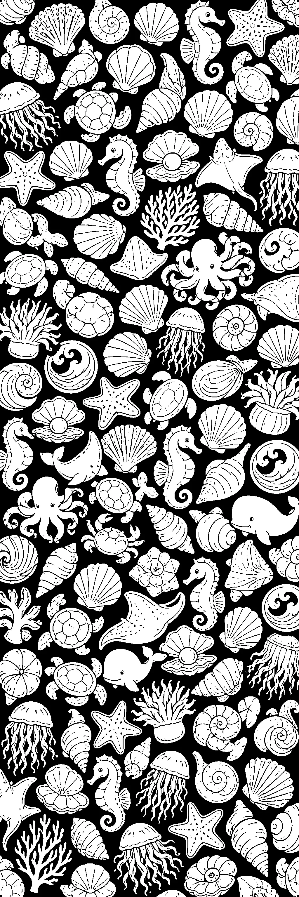 A black-and-white coloring page with a dense ocean pattern of shells, seahorses, turtles, starfish, jellyfish, octopus, coral, and dolphins.