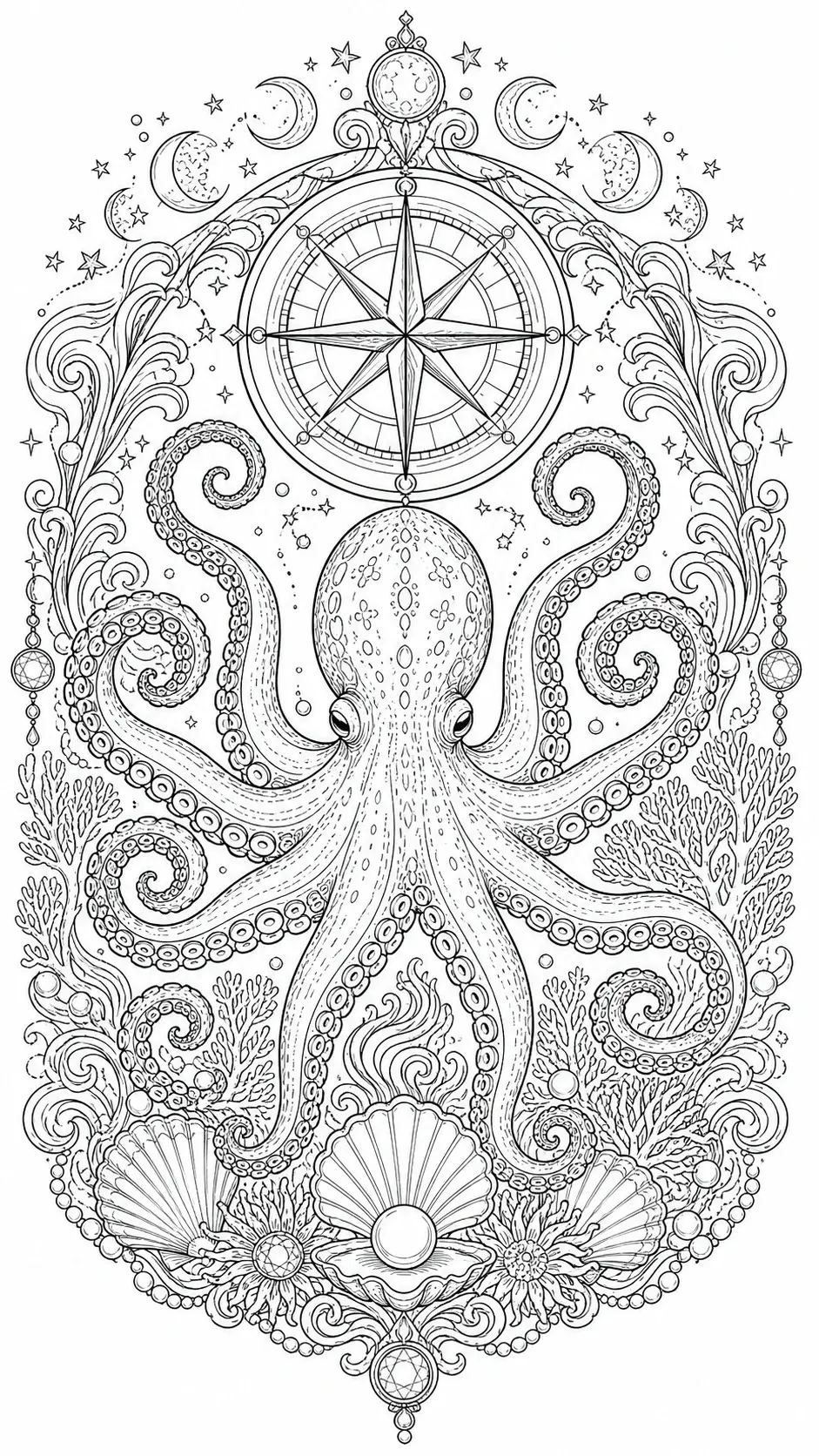 An octopus coloring page with a compass, moons, stars, shells, and coral in black-and-white line art.