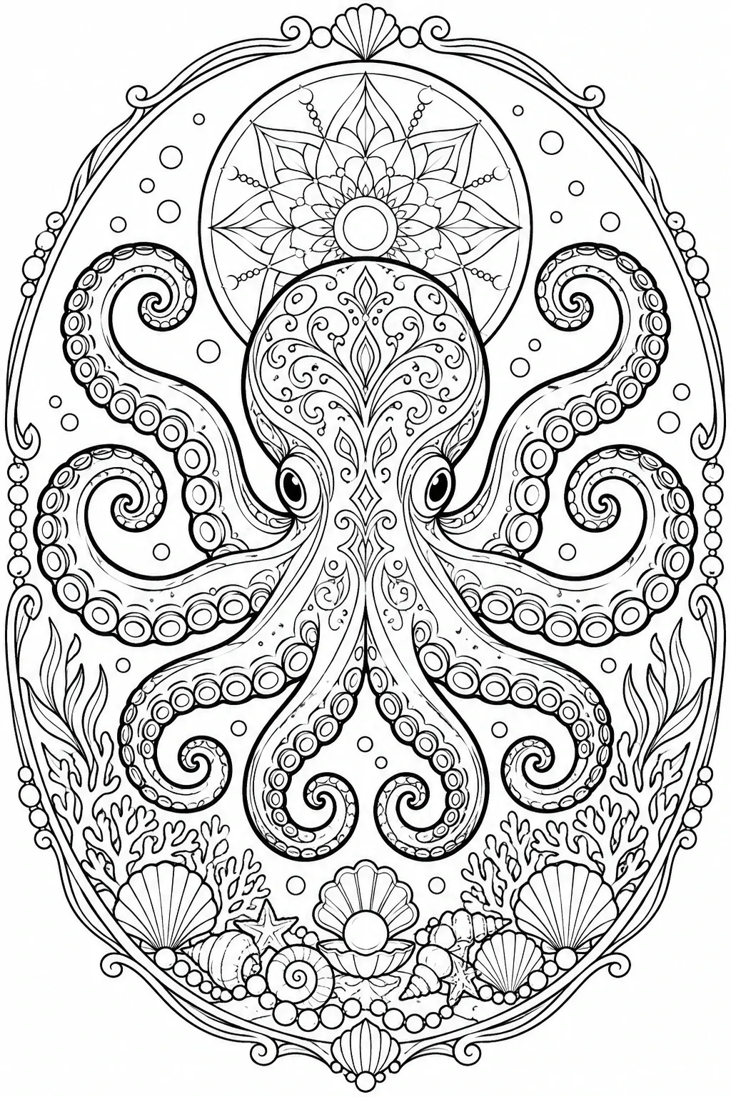This octopus coloring page shows a patterned octopus with curling tentacles, surrounded by shells, coral, bubbles, and decorative floral shapes.