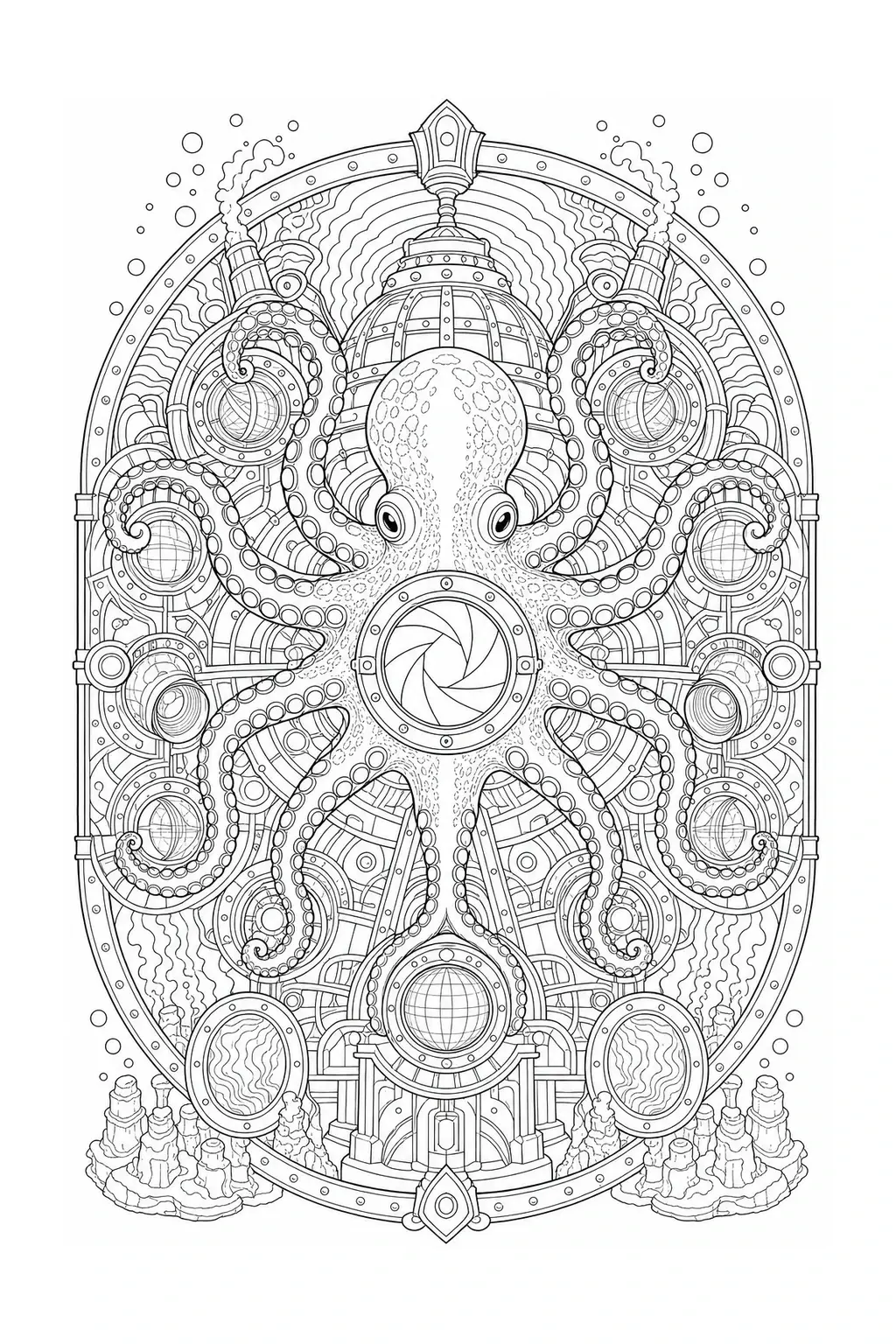 Intricate coloring page of an octopus centered in a detailed steampunk-style mandala with underwater elements.