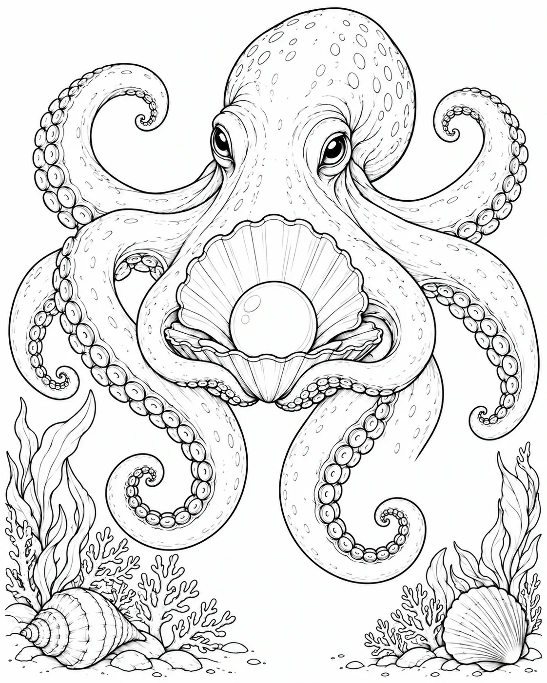 A black-and-white coloring page shows an octopus holding a pearl in an open shell, surrounded by seaweed, coral, rocks, and seashells.