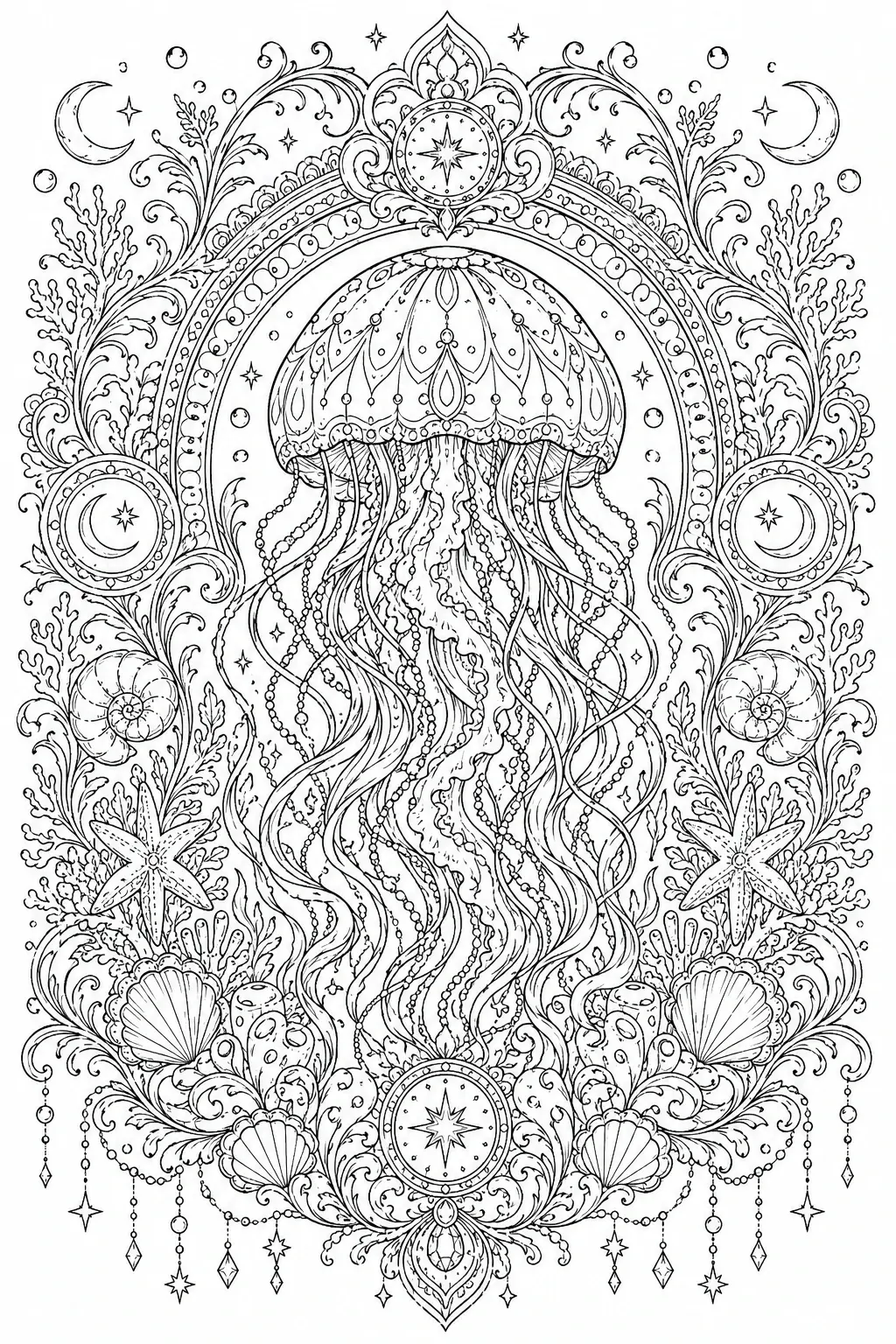Black and white coloring page of intricate ornamental jellyfish surrounded by shells, starfish, coral, and decorative ocean flourishes in a circular frame