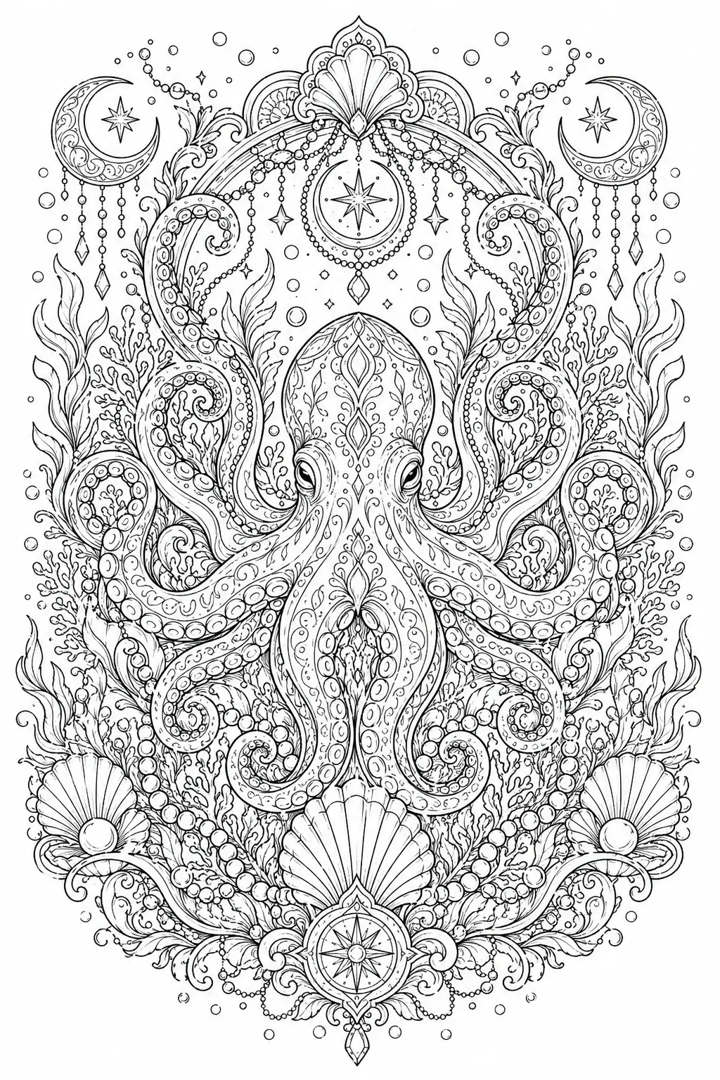 Intricate symmetrical coloring page of an ornate octopus surrounded by shells, pearls, and ocean decorations.