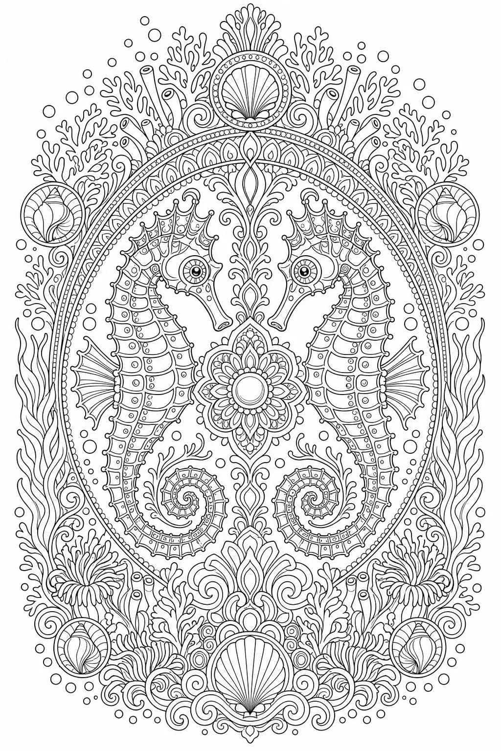 Intricate symmetrical coloring page featuring two seahorses surrounded by coral, shells, and an ornate mandala border.