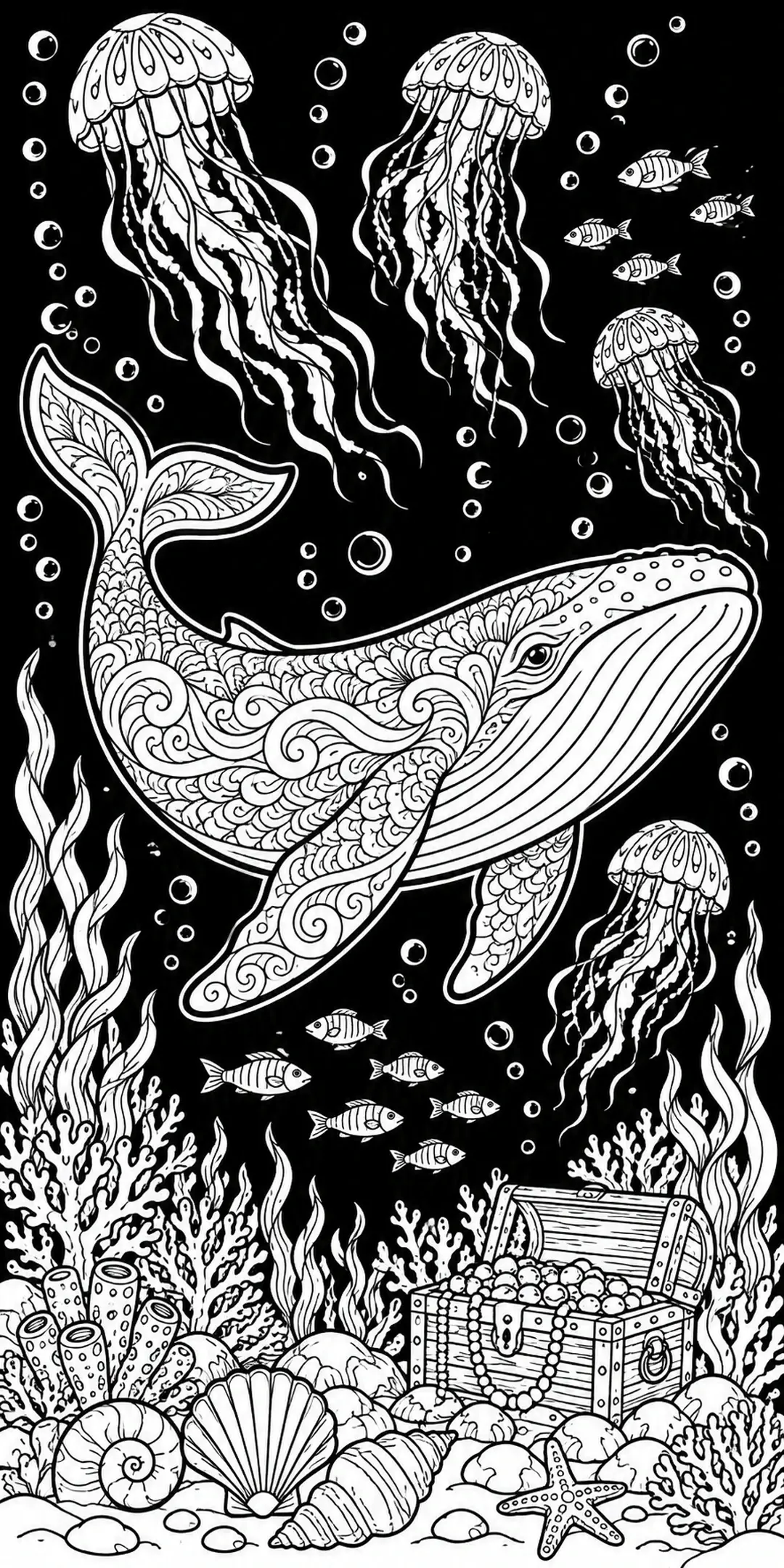This black-and-white coloring page shows a patterned whale among jellyfish, small fish, bubbles, coral, shells, and a treasure chest.