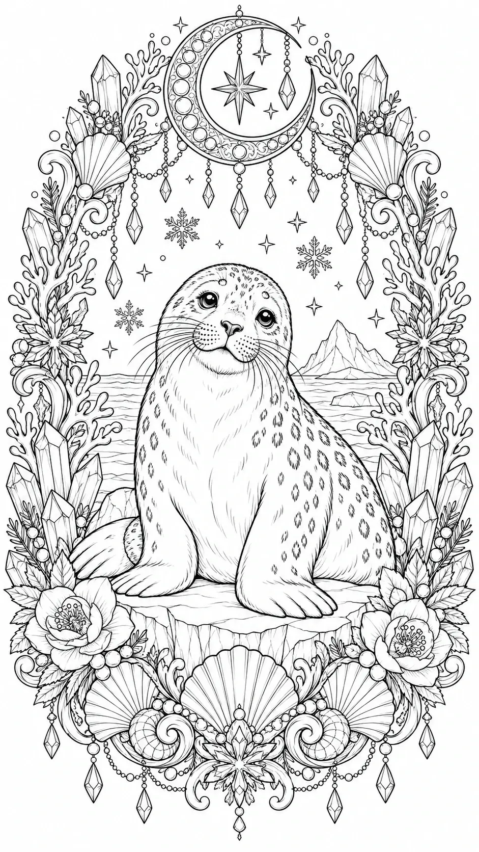 A polar seal sits in an ornate black-and-white coloring page frame with shells, crystals, flowers, stars, and snowflakes.