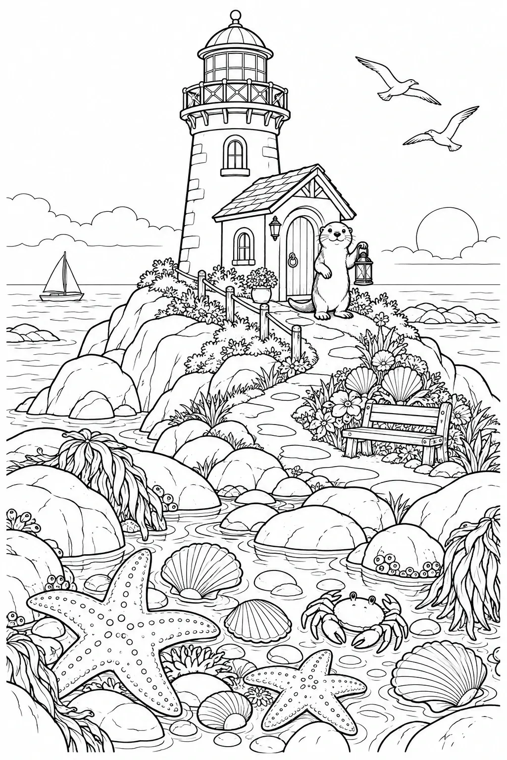 A sea otter stands by a lighthouse on a rocky tidepool coloring page with birds, shells, starfish, and a crab.