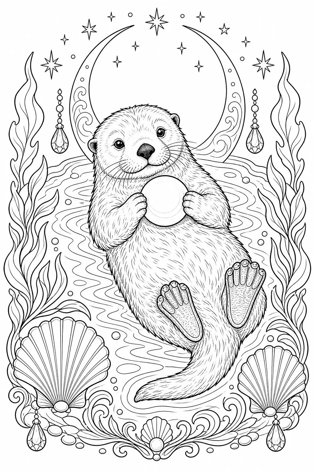 A sea otter holding a pearl floats among shells, seaweed, and stars in a black-and-white coloring page.