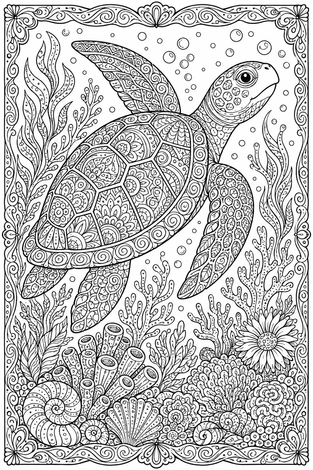 A detailed coloring page of a sea turtle swimming among coral, sea plants, and bubbles in a decorative border.